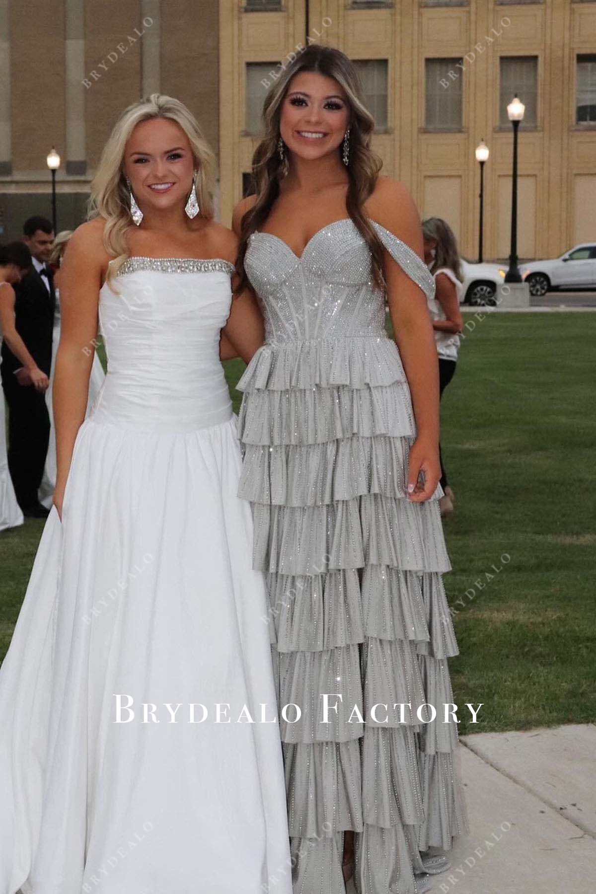 sparkly silver grey off shoulder layered slit homecoming dress