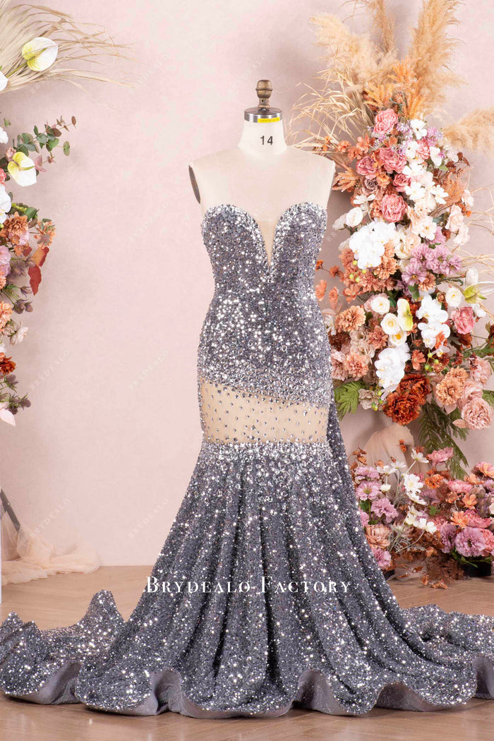 Stunning Long Silver A-line Halter Pleated Sexy Prom Dress with Rhinestones main image 0