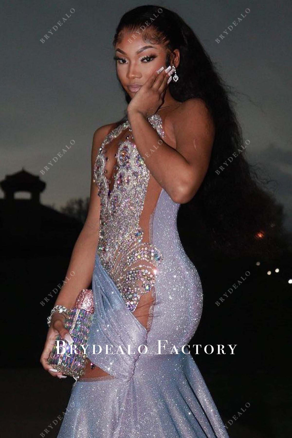 Gorgeous Long Mermaid Sleeveless Rhinestones Satin Prom Dress main image 0