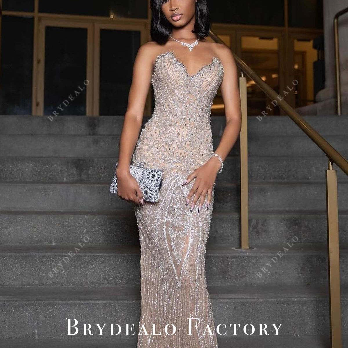 diamond studded prom dresses Long Beaded Prom Dress with Choker Collar Mauve / 8