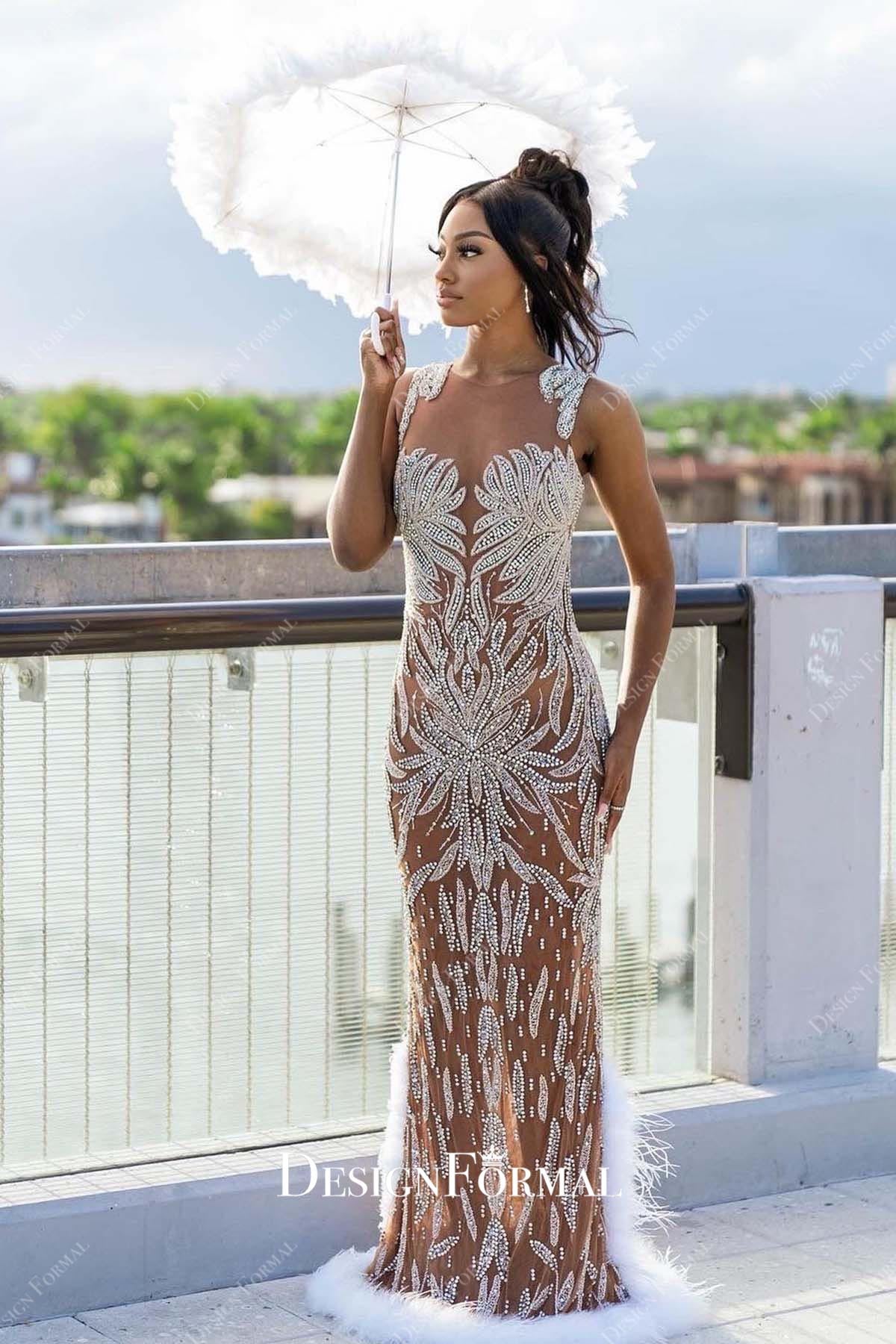 sparkly warm beige feathered hem prom dress
