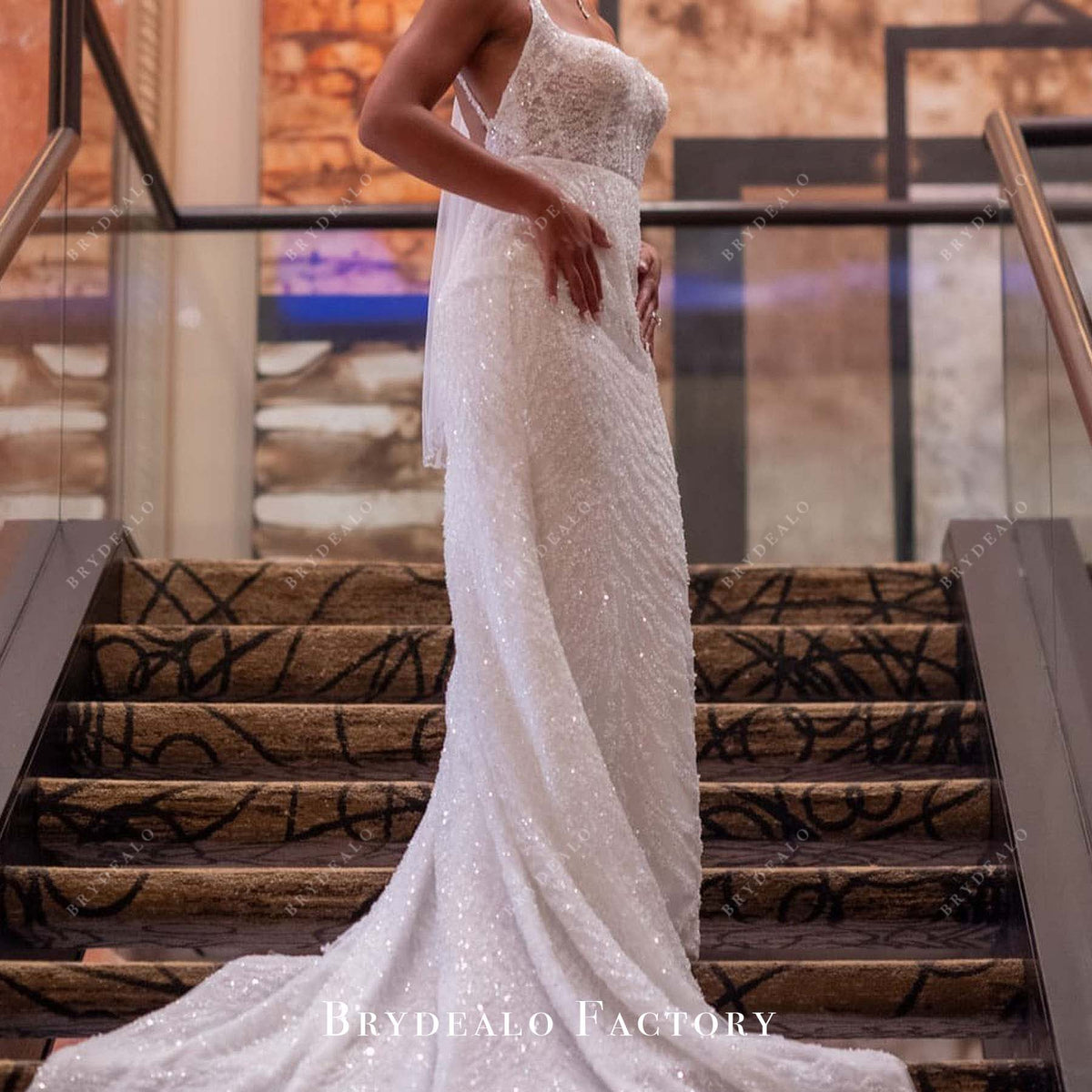 Horsehair Long Train Sleeveless Backless Allover Beading Bridal Dress