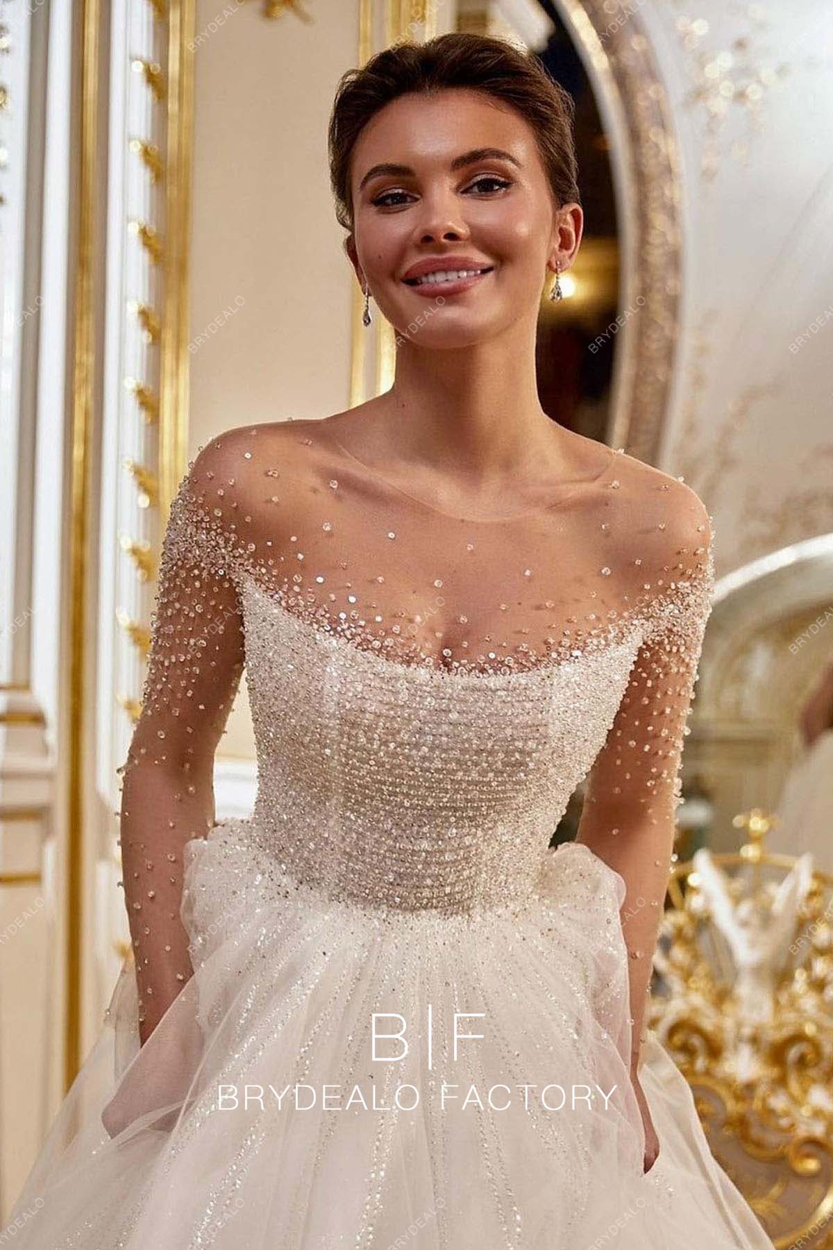 sparkly beading illusion neck long sleeves wedding dress