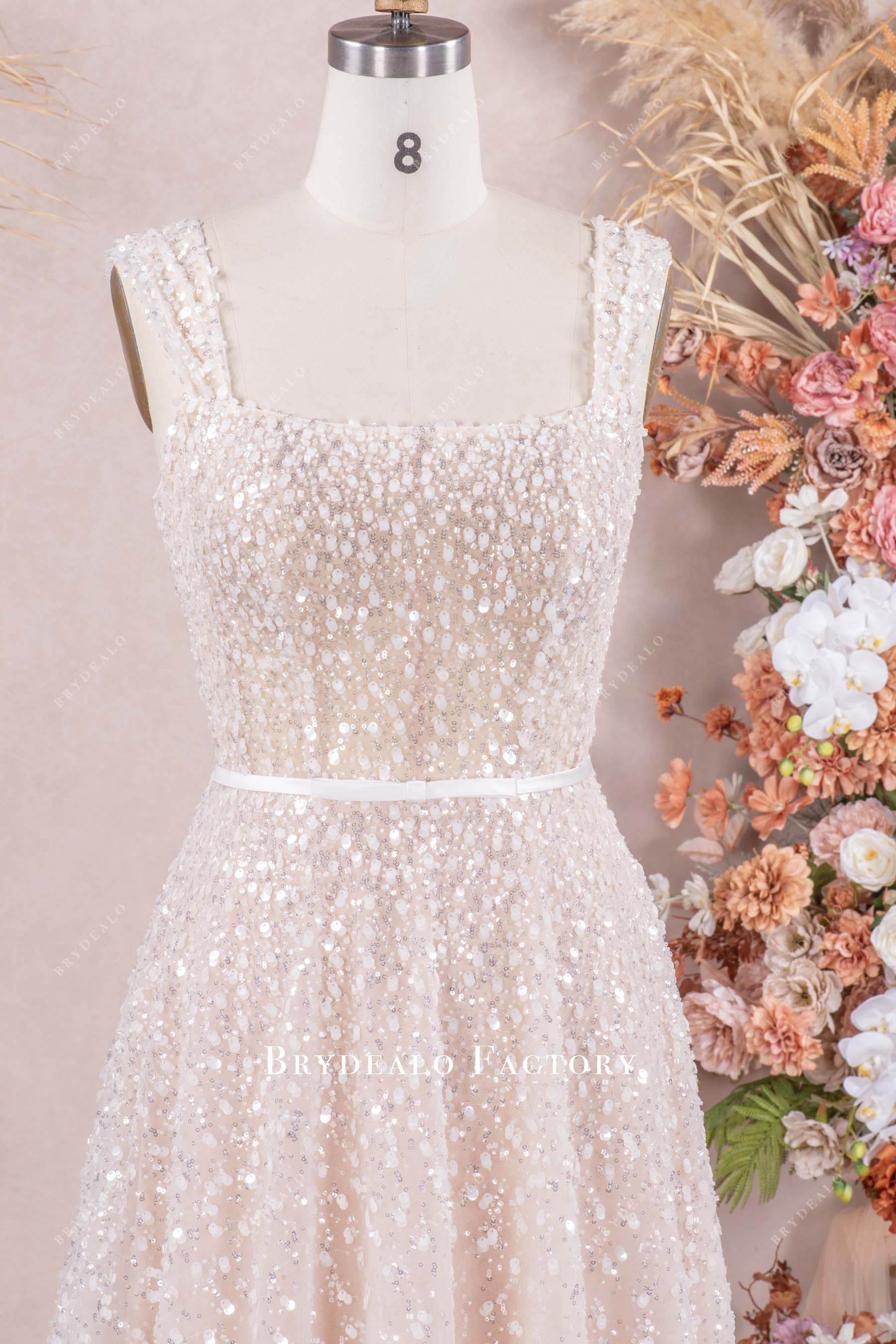 sparkly wide straps wedding dress