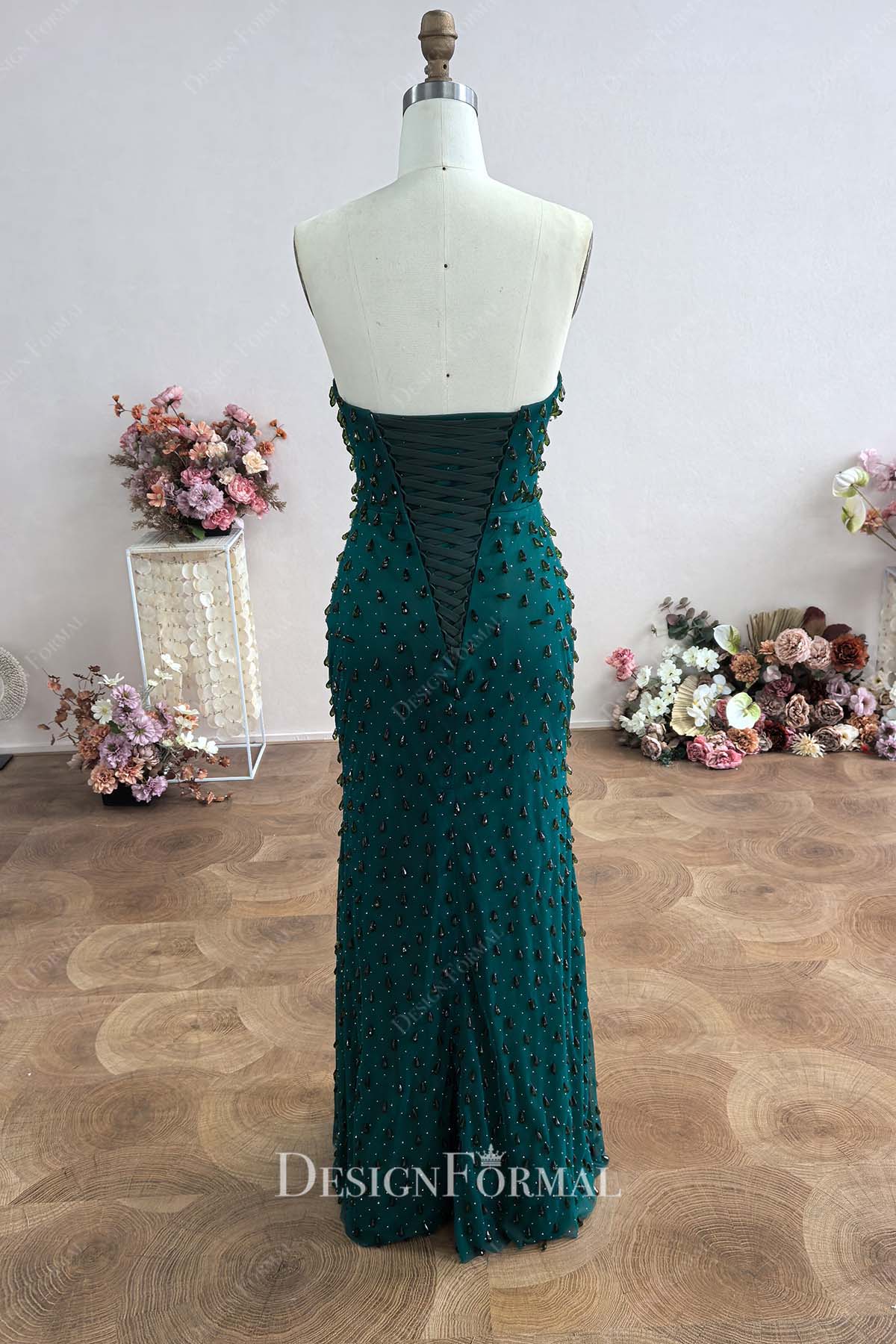 sparkly rhinestones dark green floor length prom dress