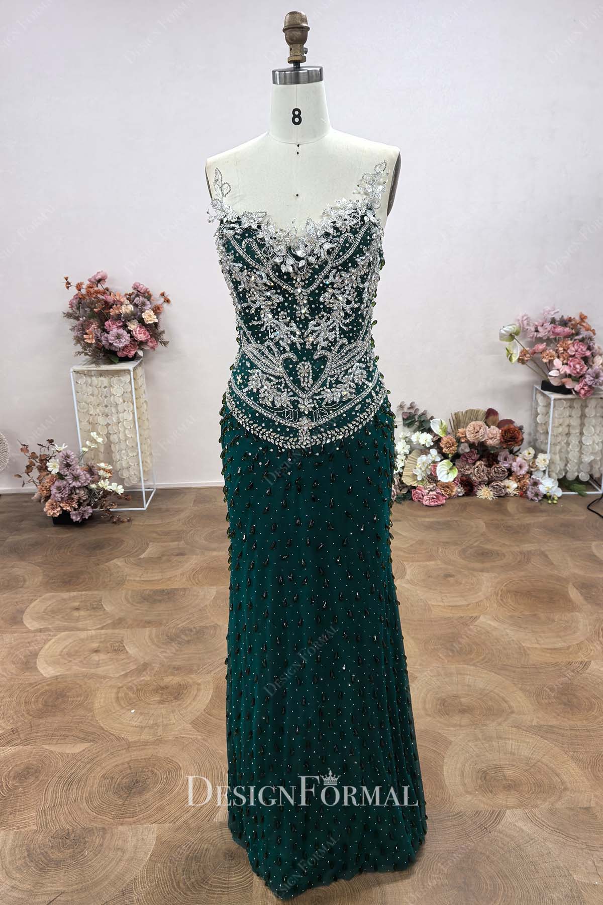 sparkly rhinestones dark green strapless prom dress