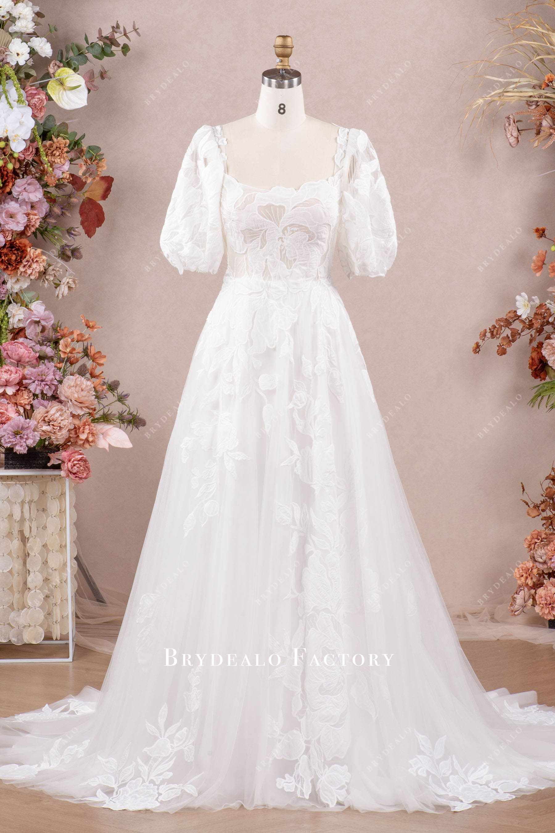 square neck designer lace long wedding dress