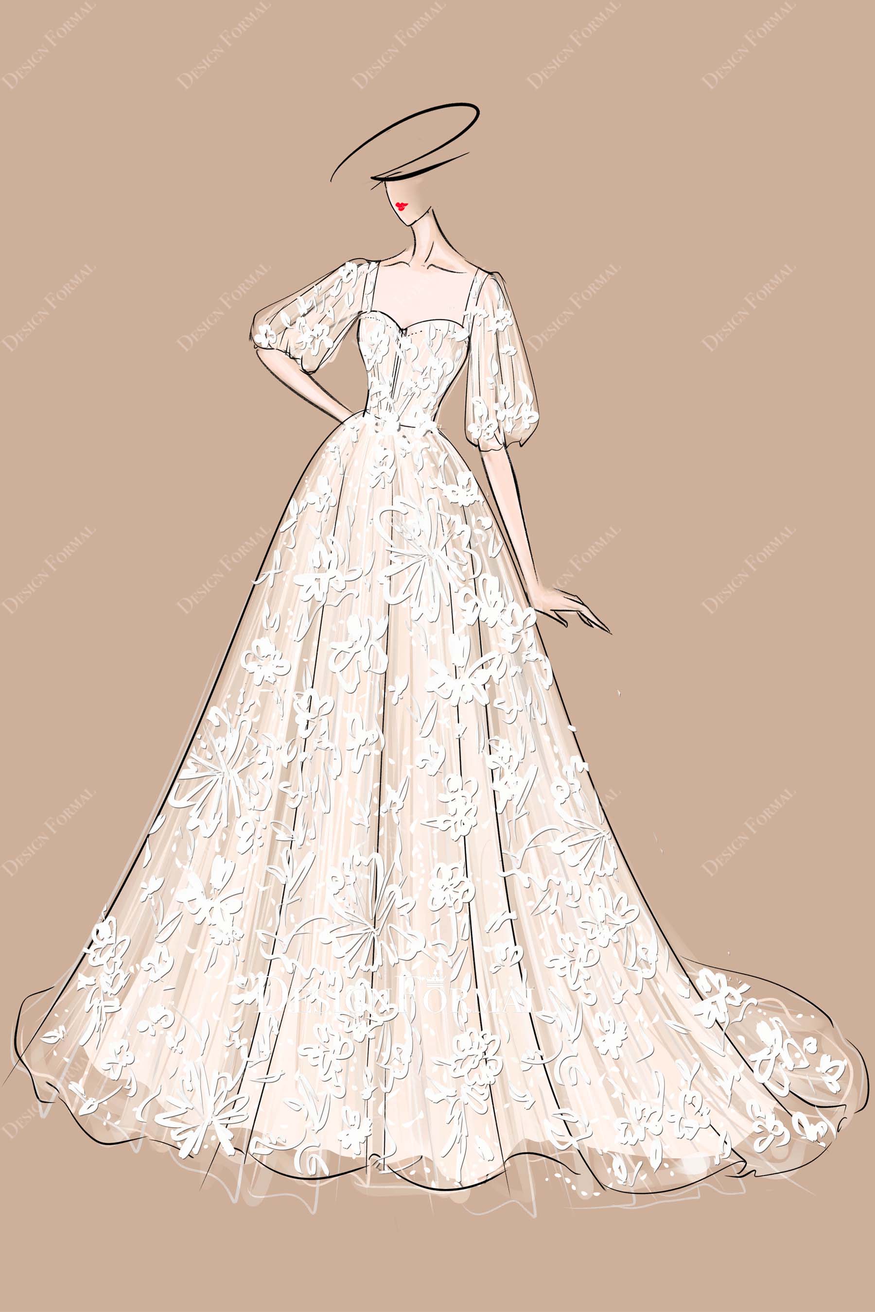 square neck wedding dress sketch