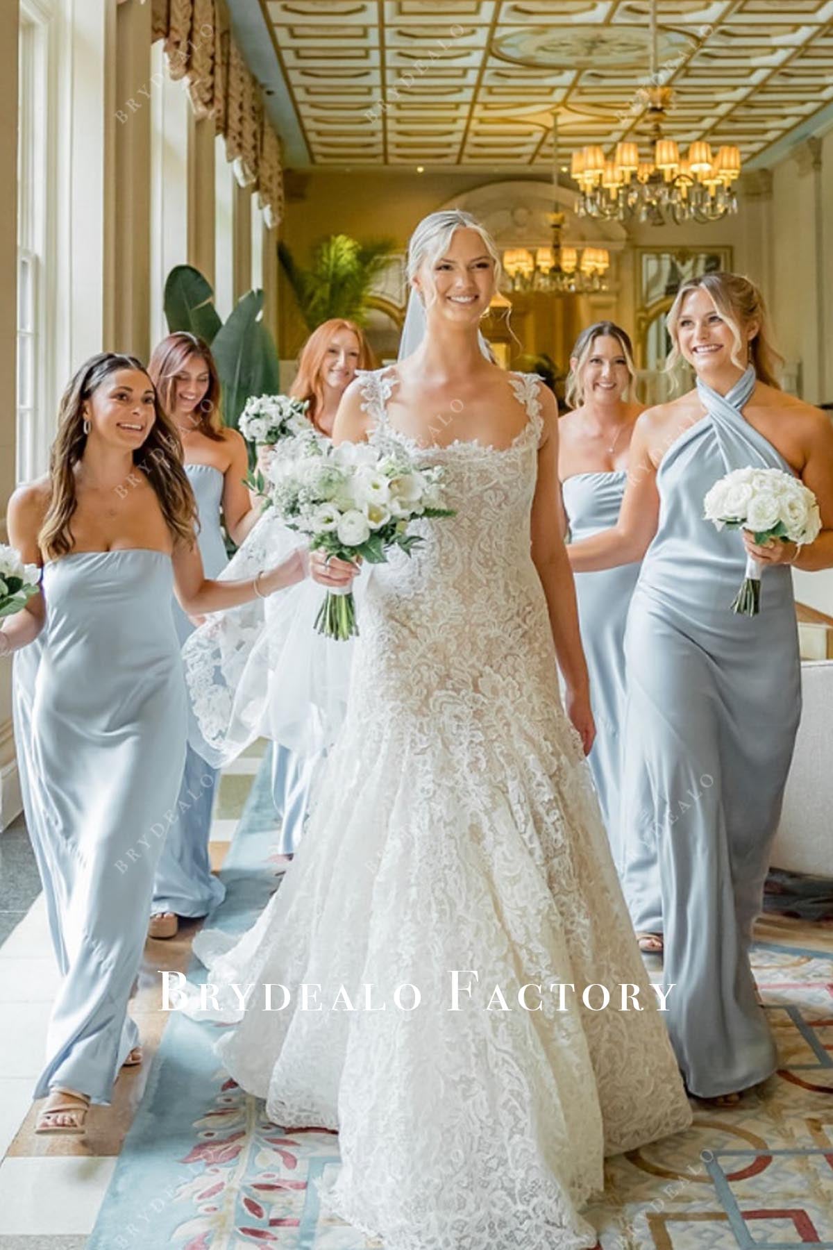 steel blue long mismatched bridesmaid dresses