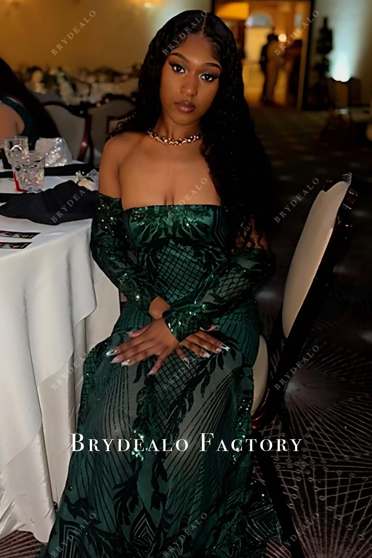 straight across neck long sleeves prom dress