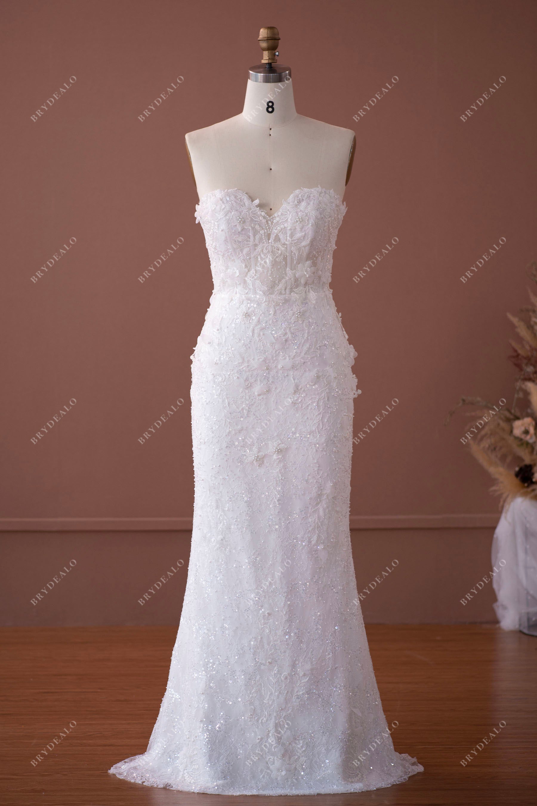 strapless 3D flower lace designer fit and flare bridal gown