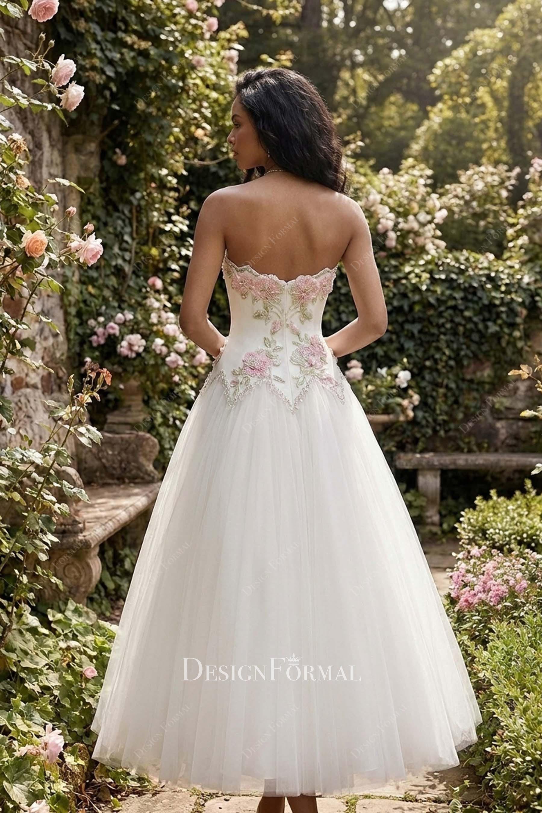 strapless a line tea length wedding dress