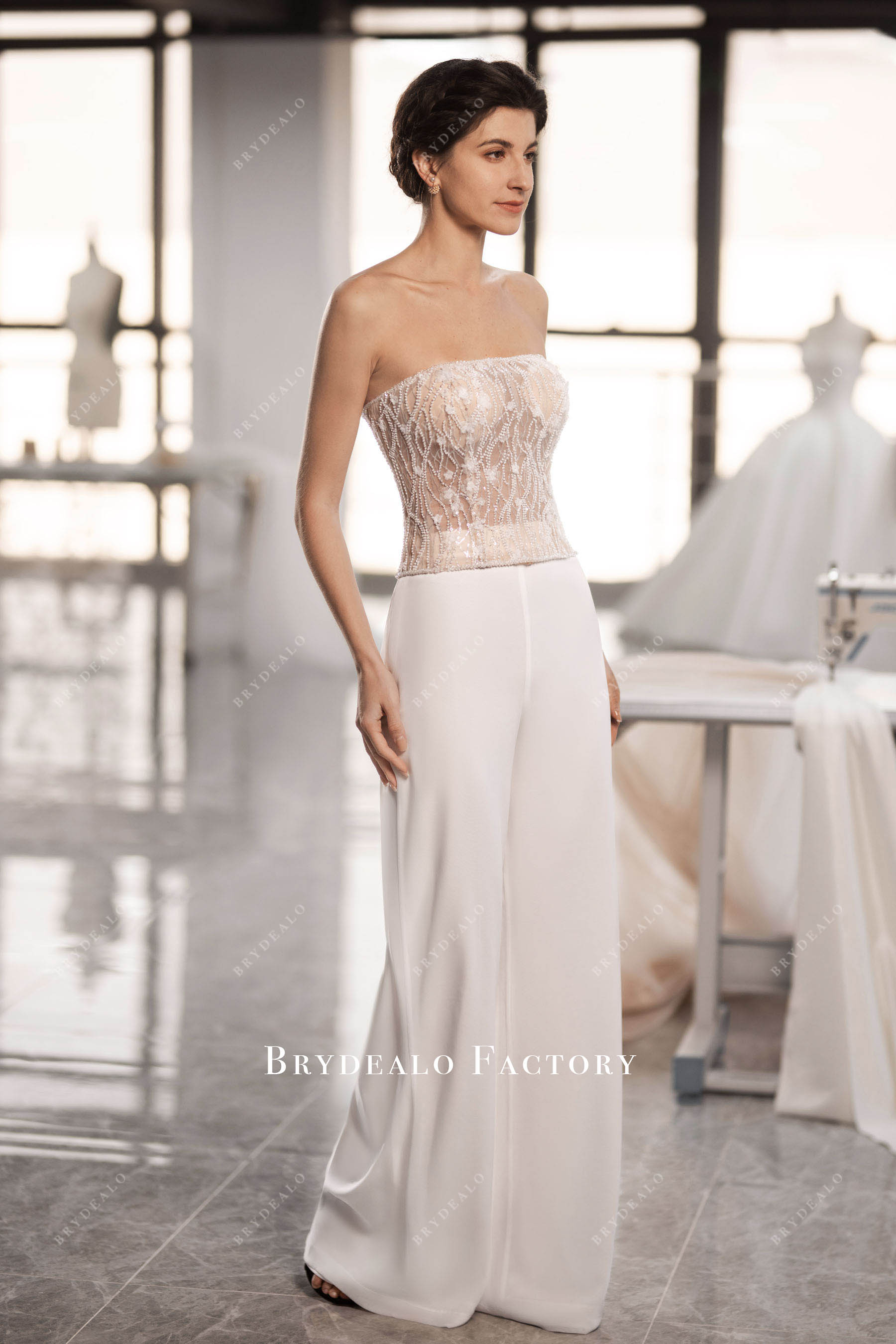 sleeveless original illusion corset chiffon pants bridal jumpsuit