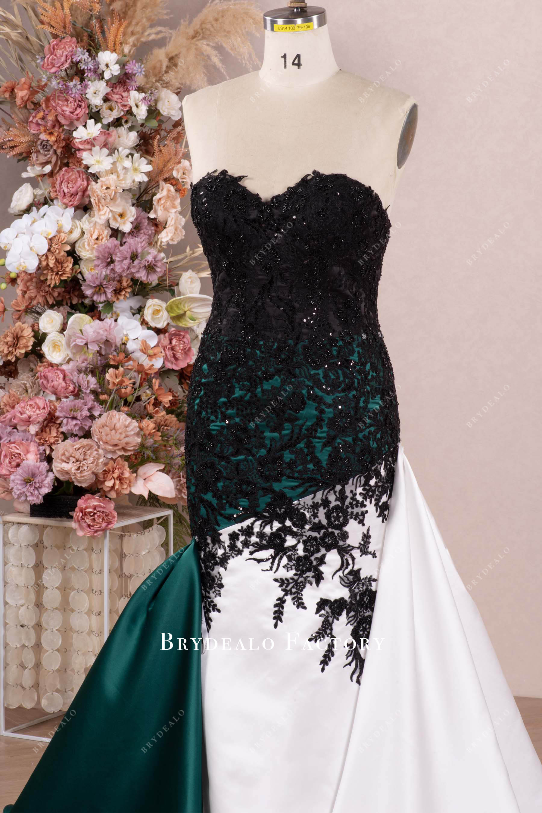 sweetheart neck lace asymmetrical designer wedding gown