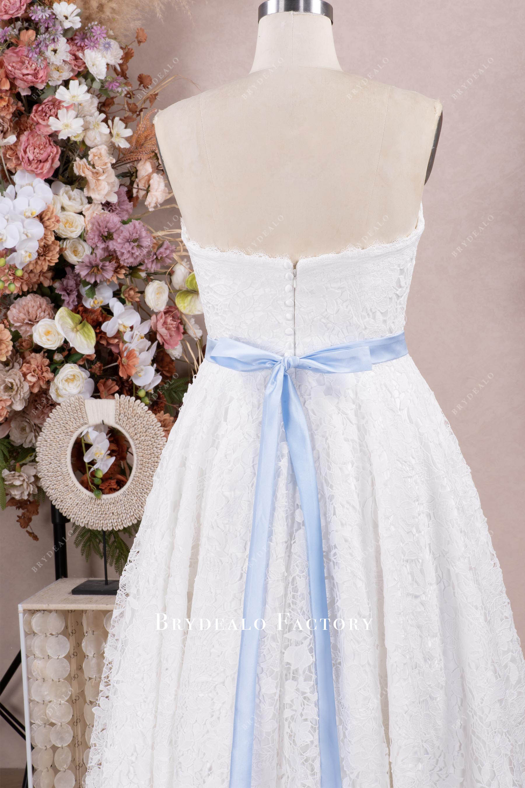 strapless chemical lace satin sash wedding dress