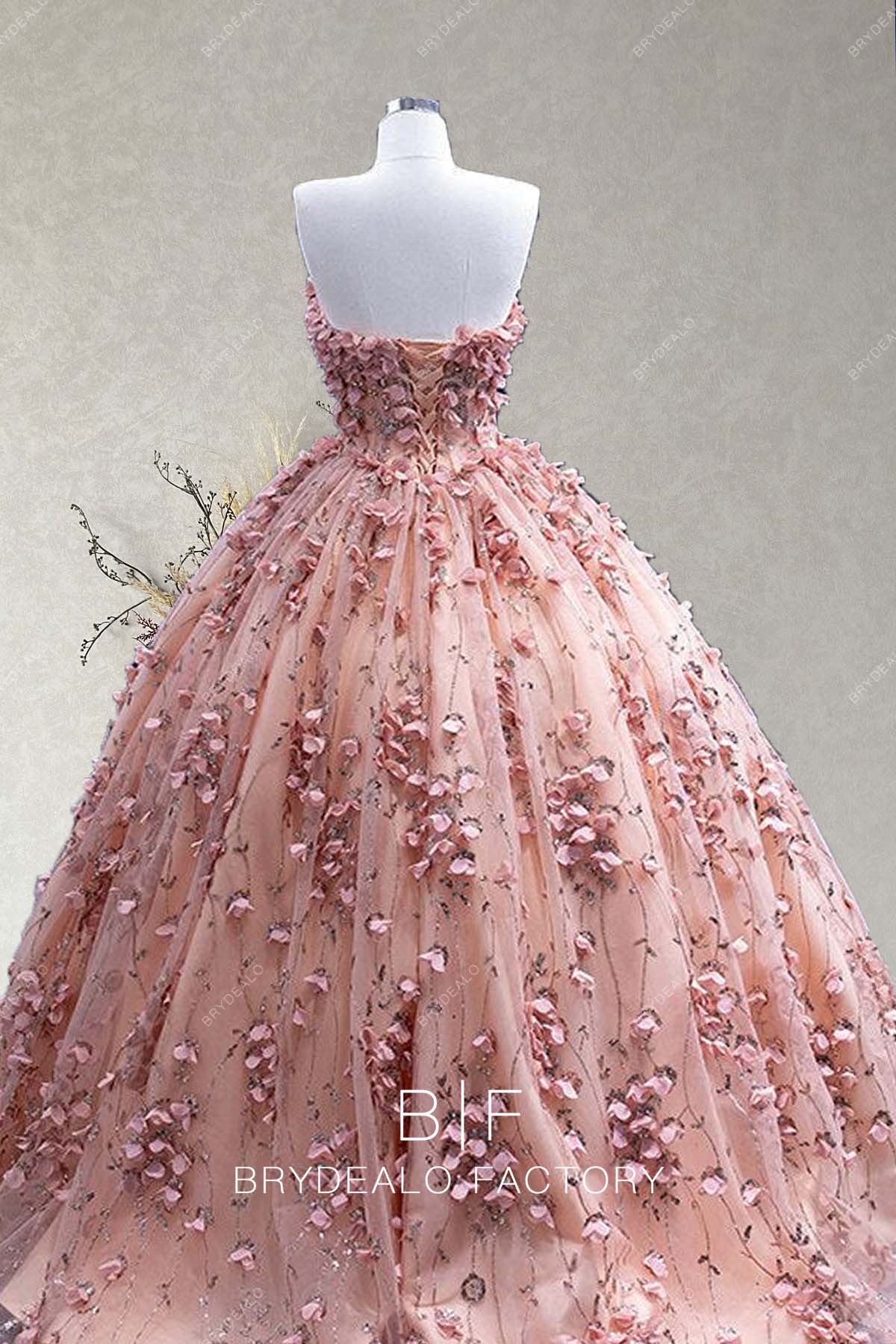 Ball Gown Pink 3D Petals Lace Quinceanera Dress
