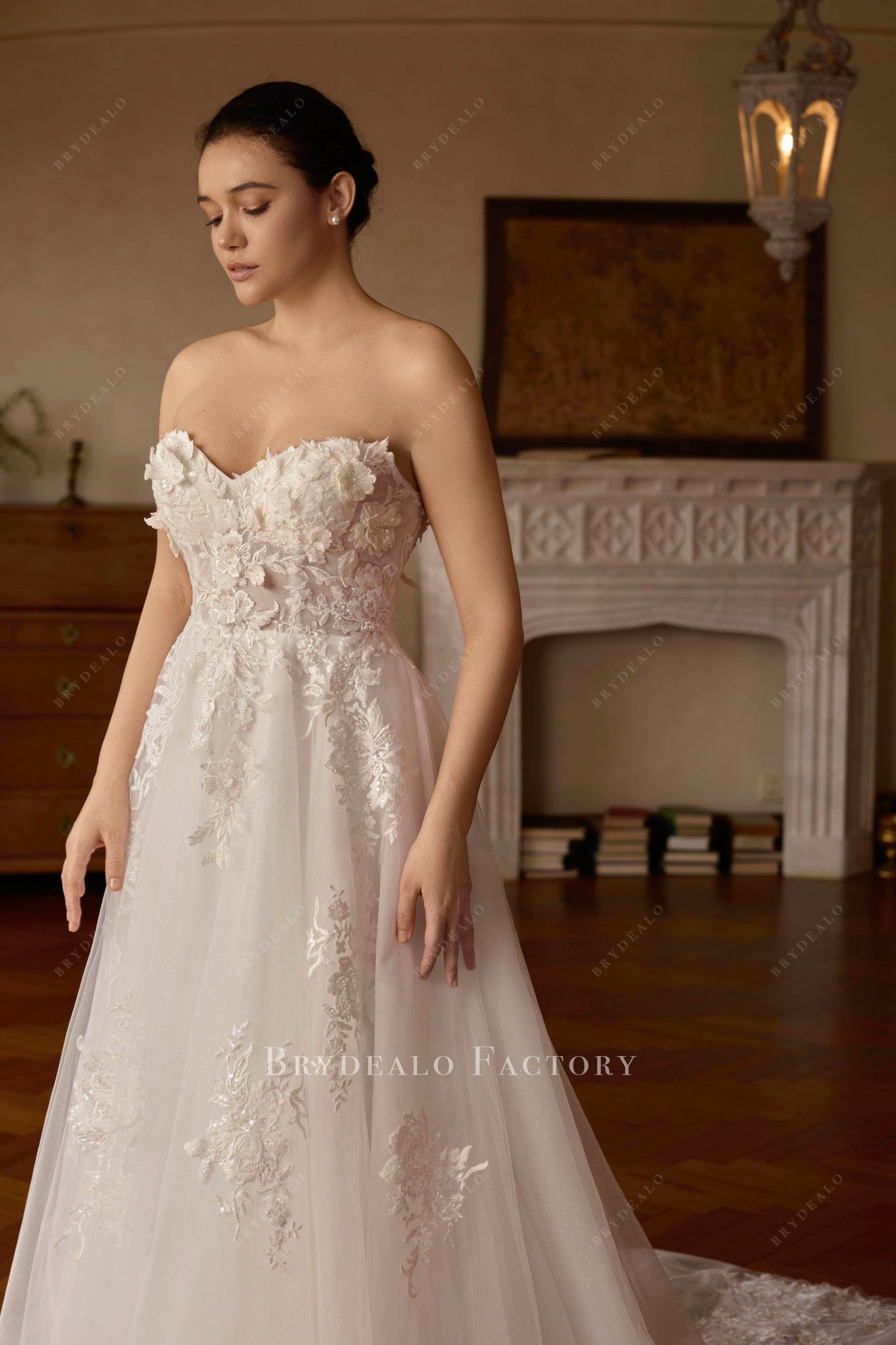 strapless floral lace bridal gown