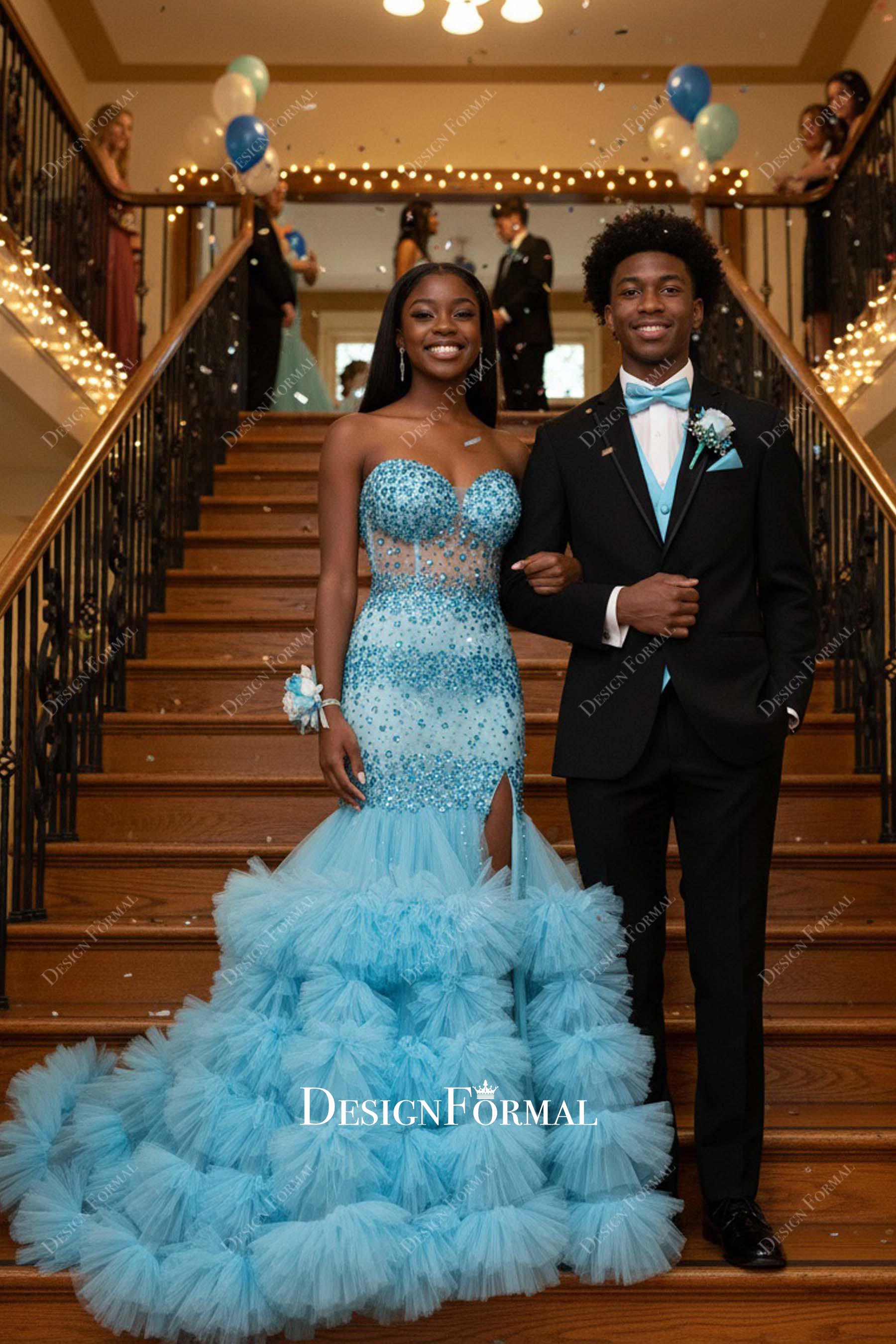 strapless illusion corset pool blue slit prom dress