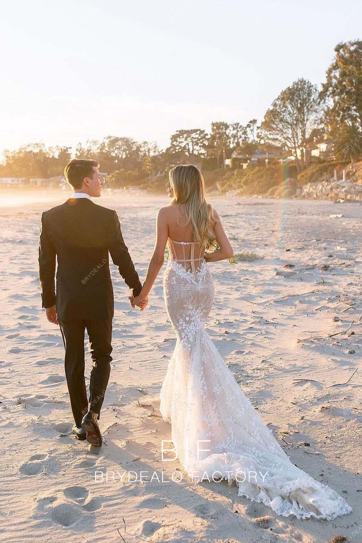 Custom Long Train Strapless Mermaid Beach Lace Wedding Dress