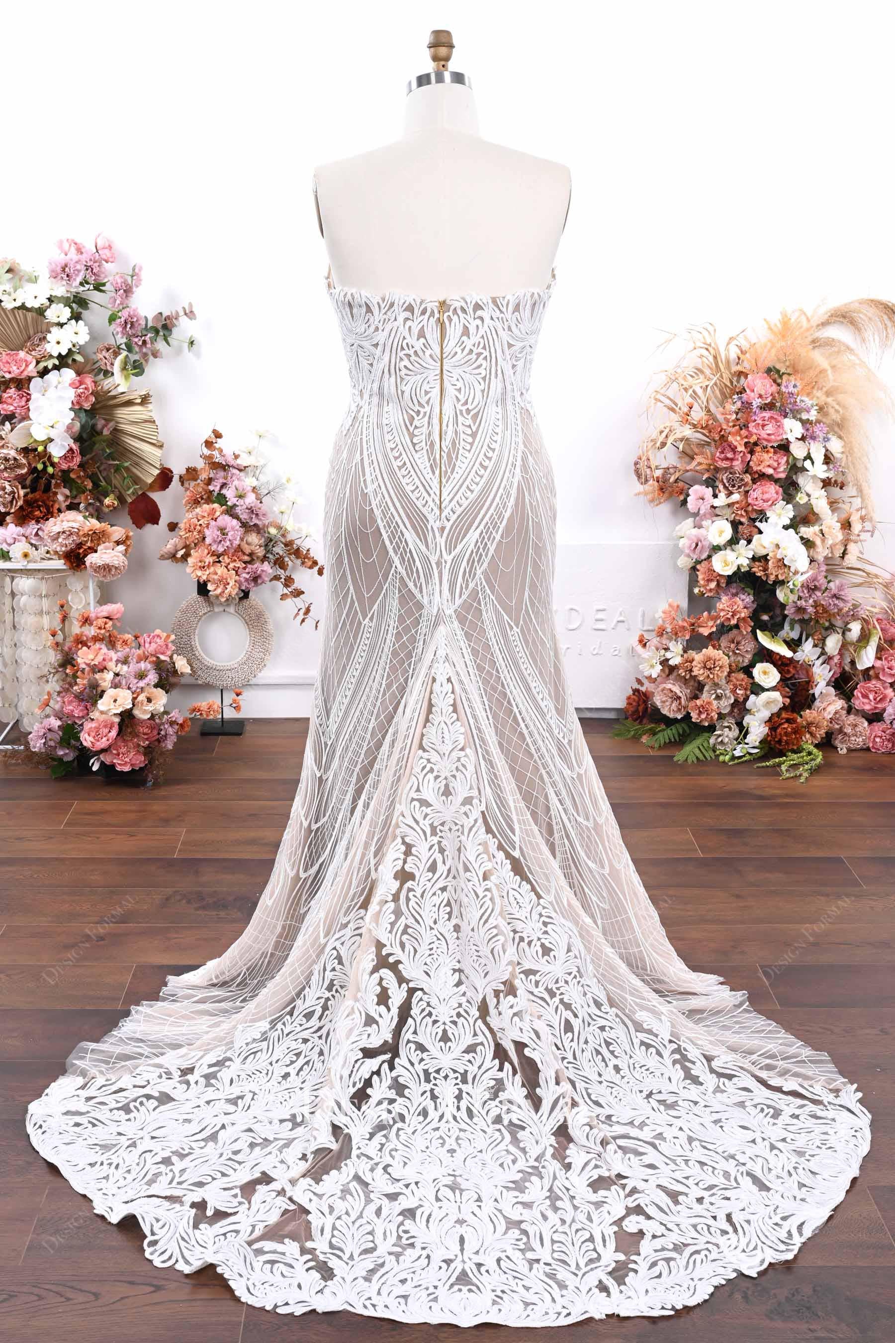 strapless lace long fit flare wedding dress