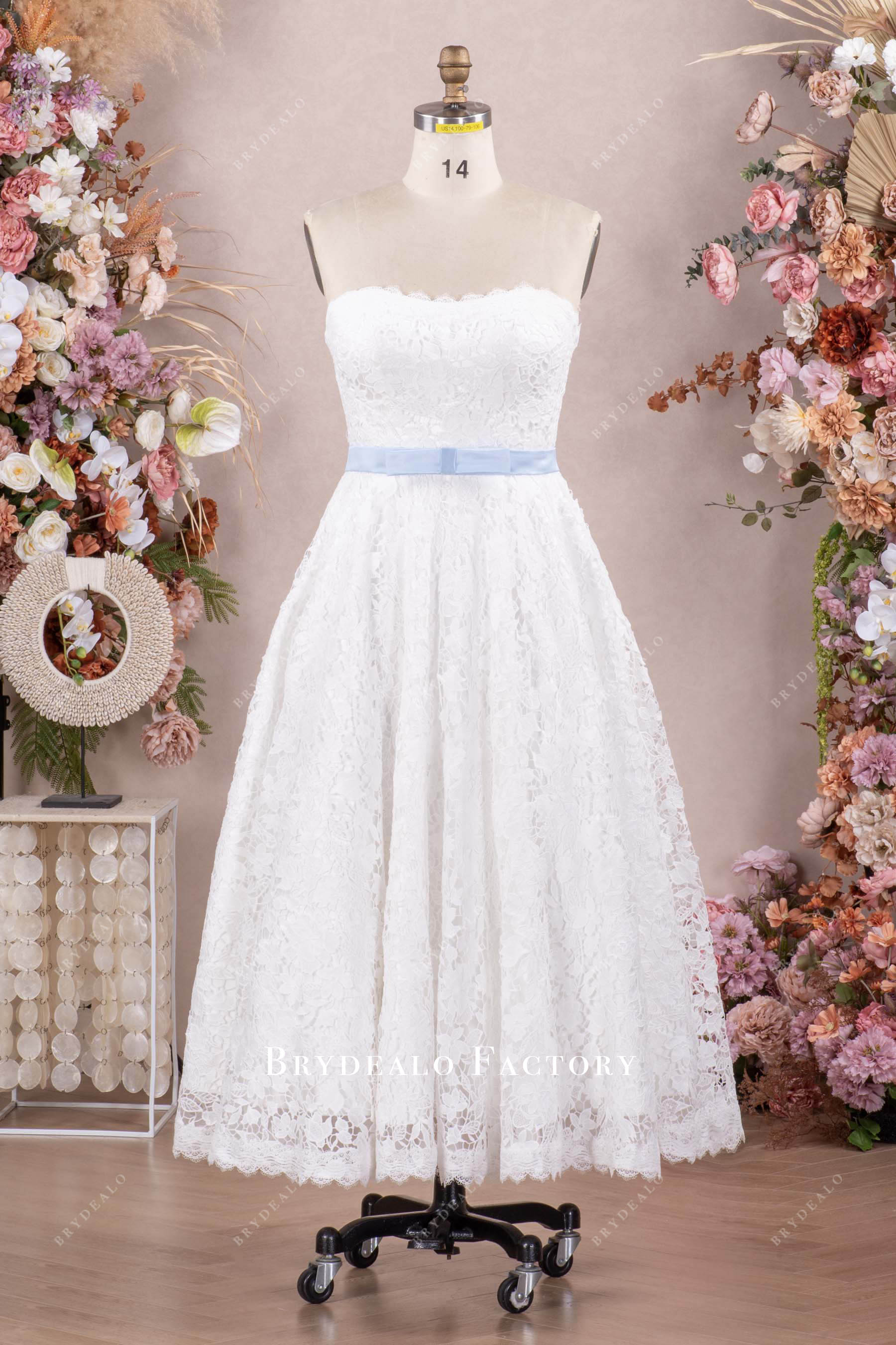 strapless lace tea length wedding dress