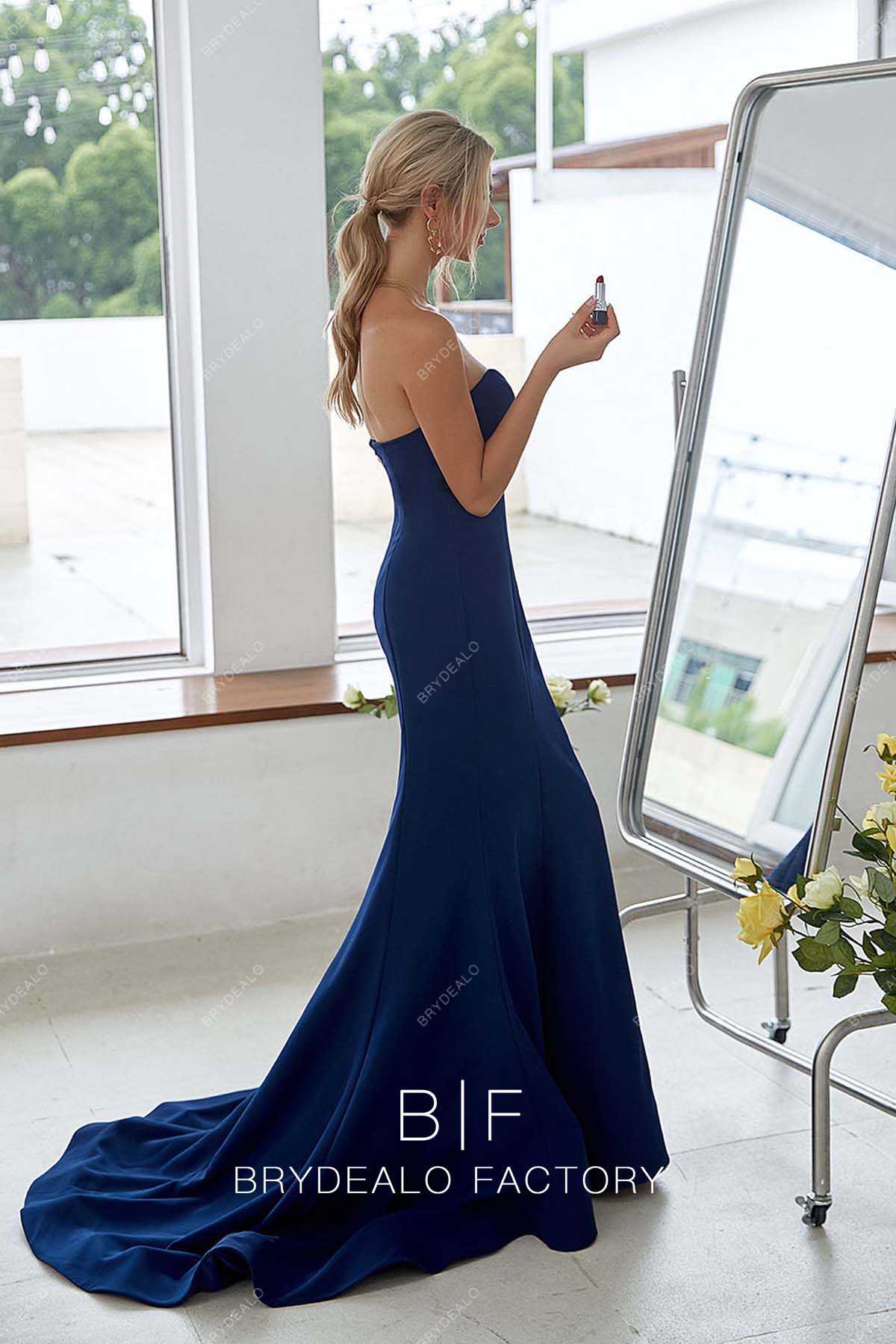 strapless crepe navy blue fit and flare bridesmaid gown