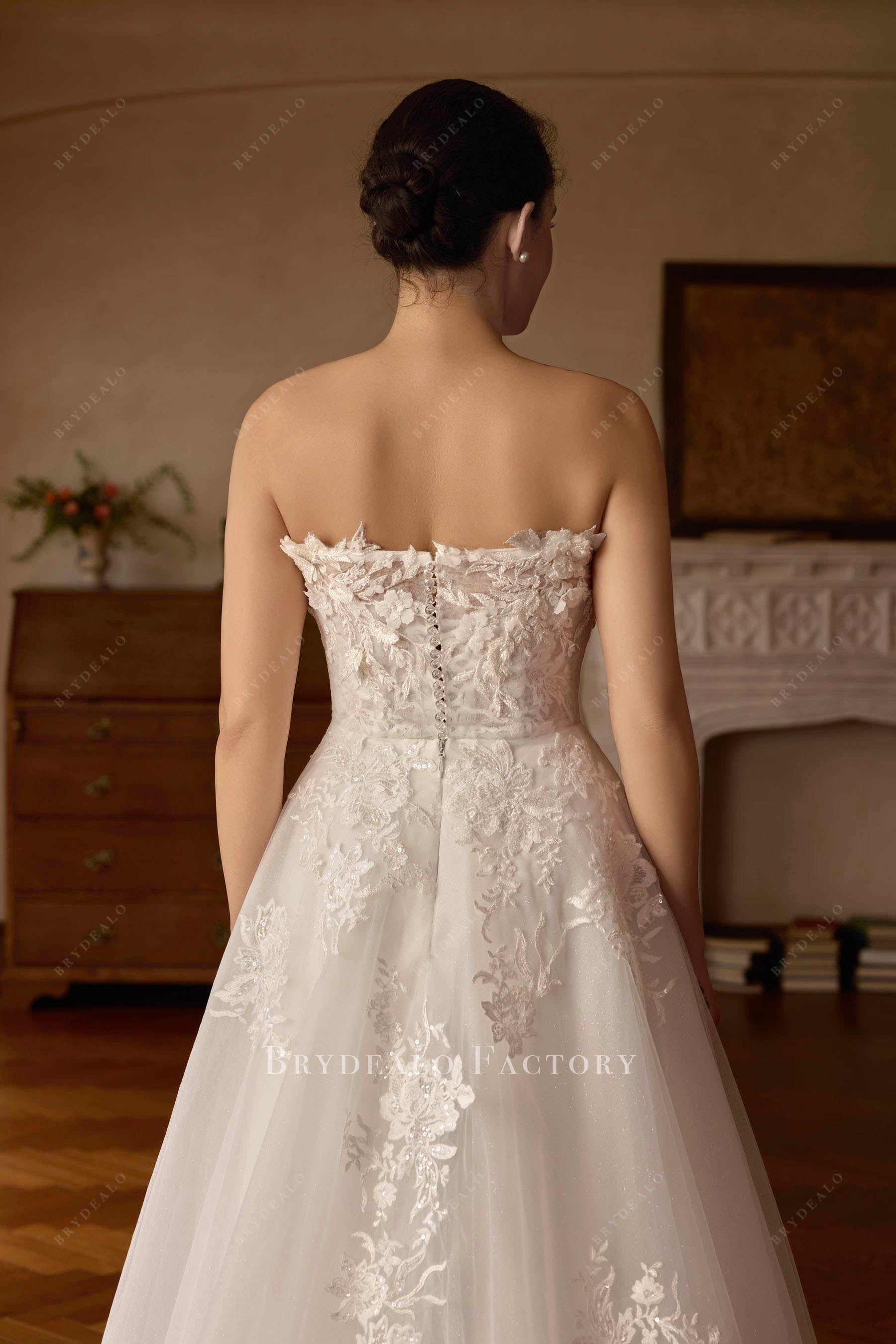 strapless open back lace wedding dress