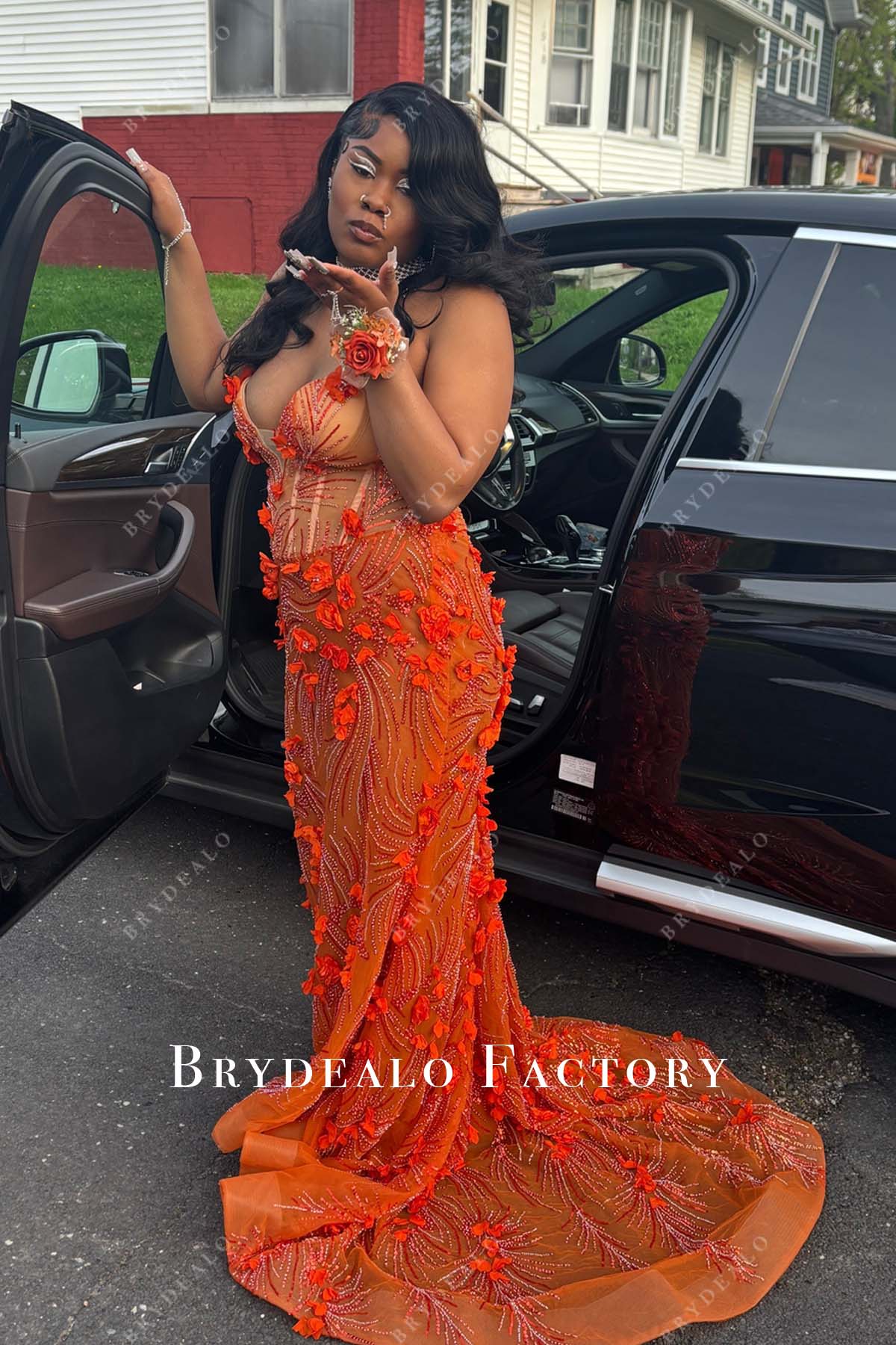 strapless orange 3D floral prom dress