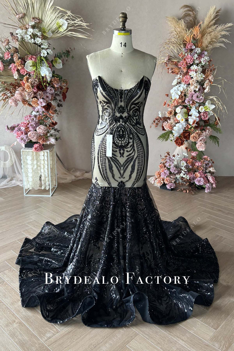 Designer Fit and Flare Curved Neck Black Sequin Formal Prom Gown