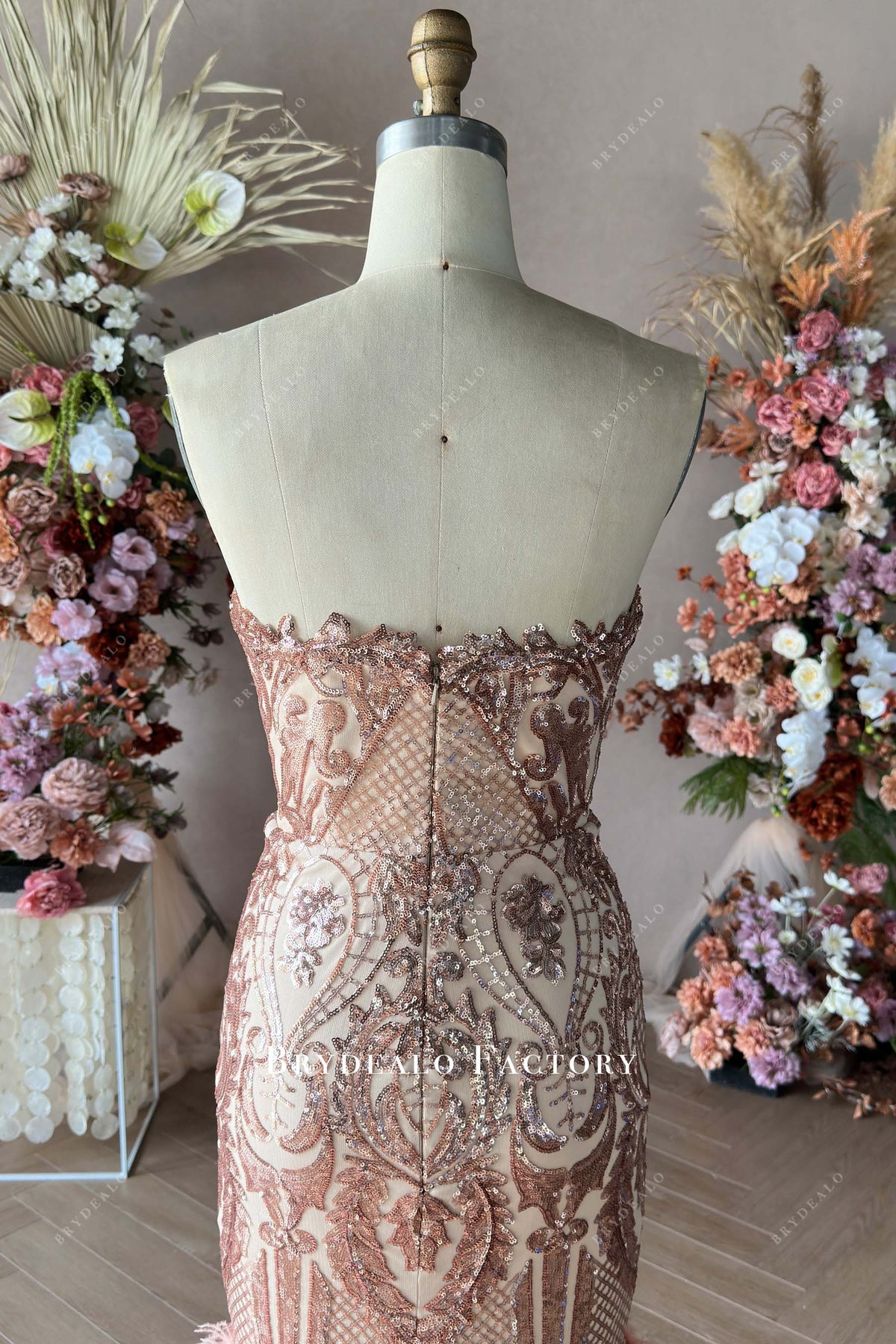 Chroma Dazzling Rose Gold Sequin Feather & Flower Maxi Gown with High Slit