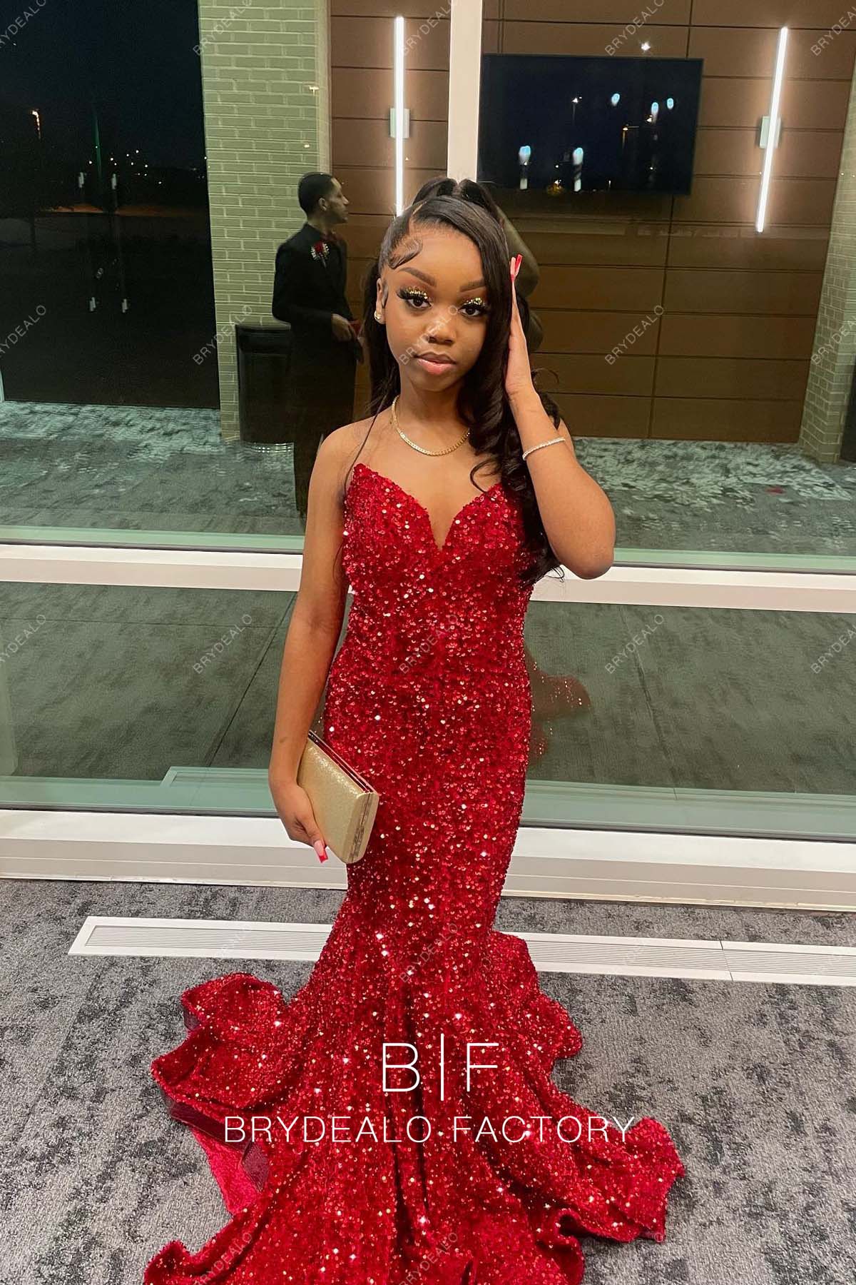 Red Sequins Shimmery Strapless Plunging Mermaid Prom Dress