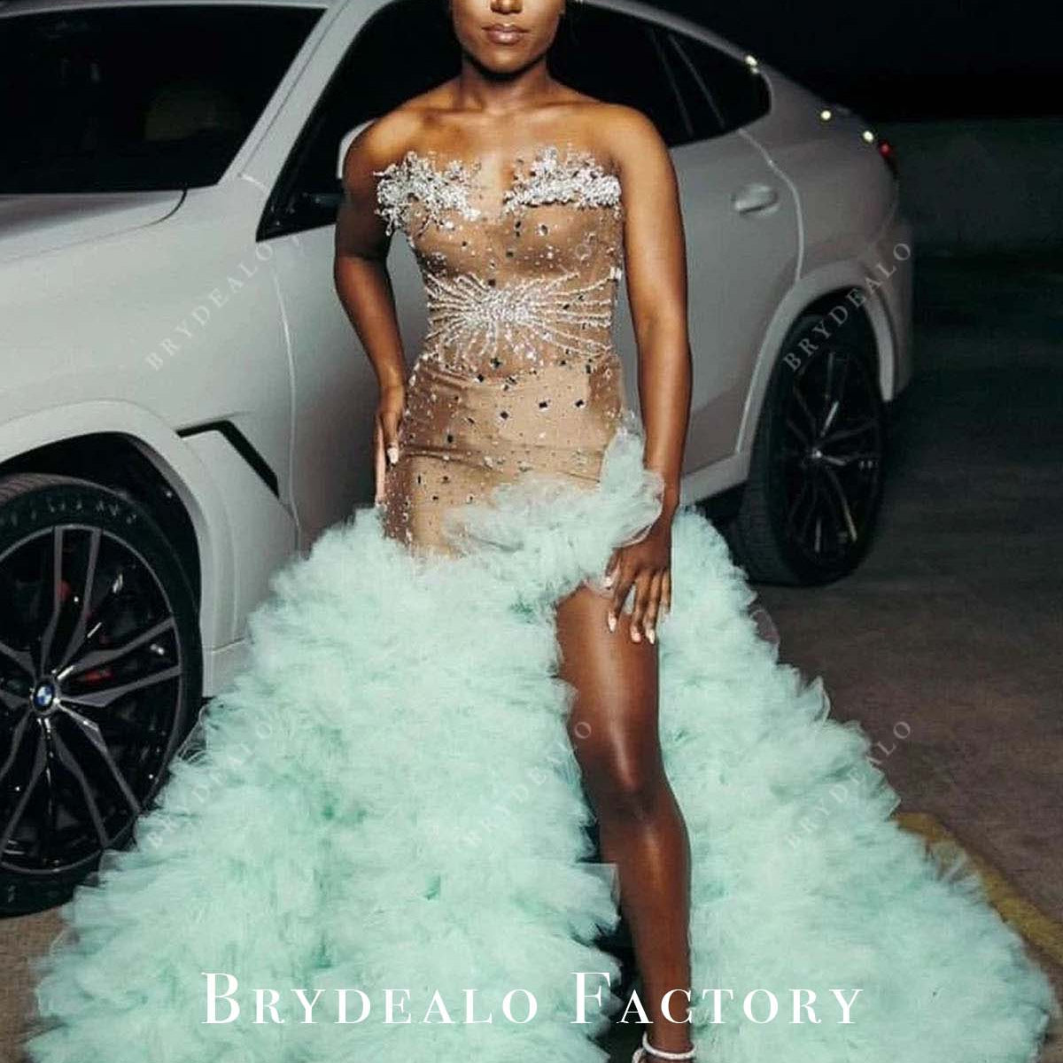 Shimmer Two-Tone Slit Mint Ruffled Floor Length Prom Dress