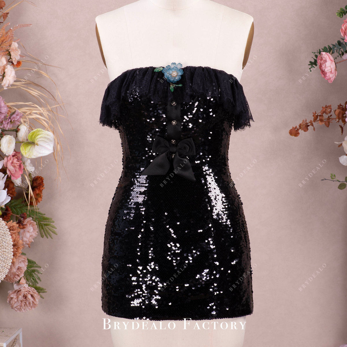 Black Sequin Ruffled Lace Satin Bow Mini Dress Black Sequin Ruffled Lace Satin Bow Mini Dress