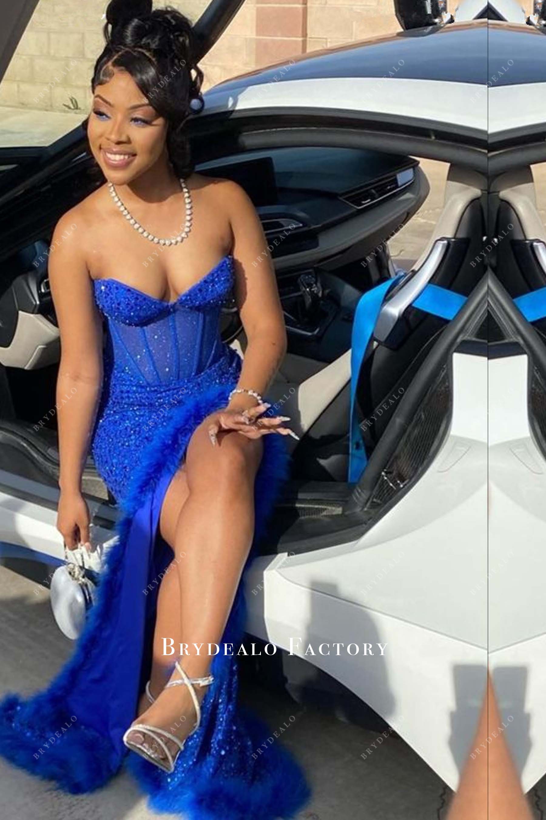 Strapless Royal Blue Sequins Corset Feather Slit Prom Dress