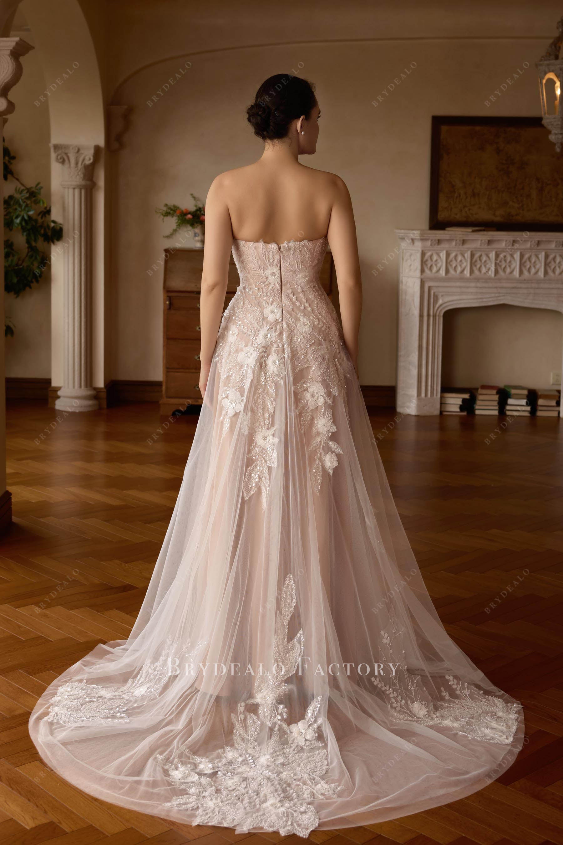 strapless sheer court train wedding dress