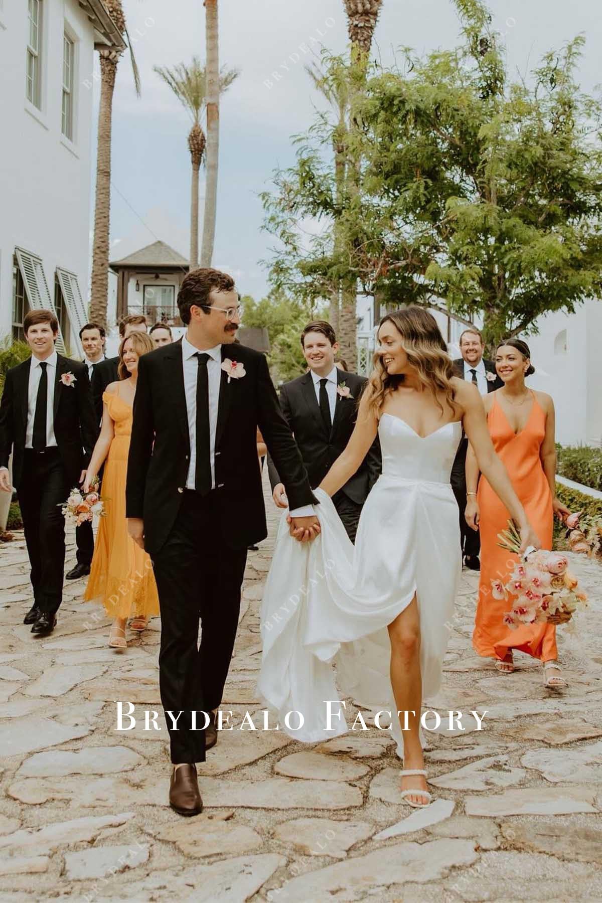 strapless slit a line wedding dress