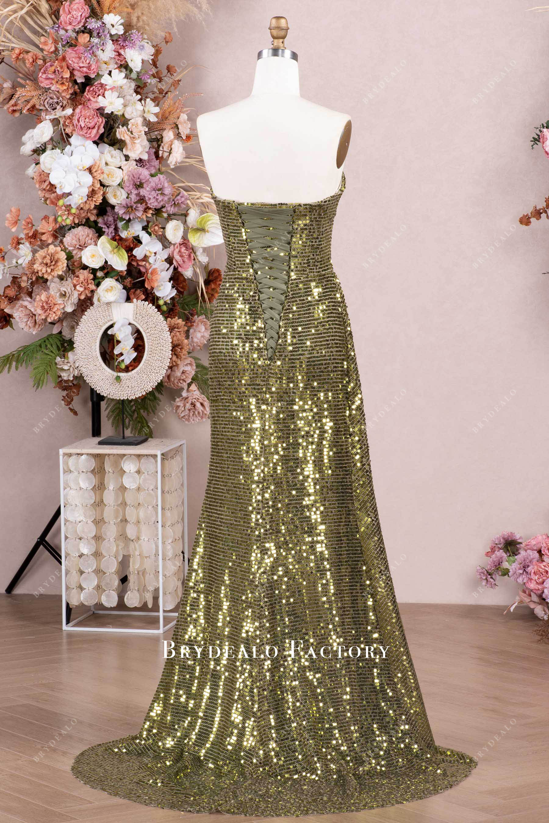 strapless sweep train sequined prom dress