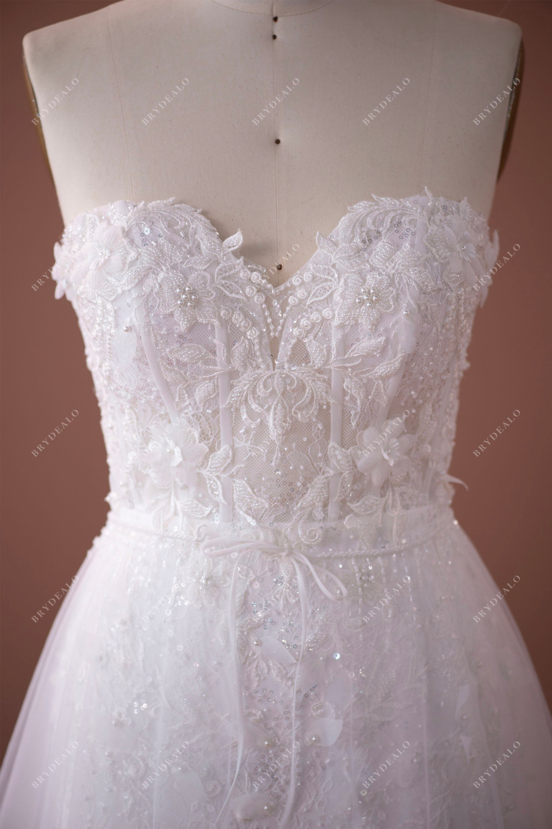 strapless sweetheart neck corset 3D lace wedding gown