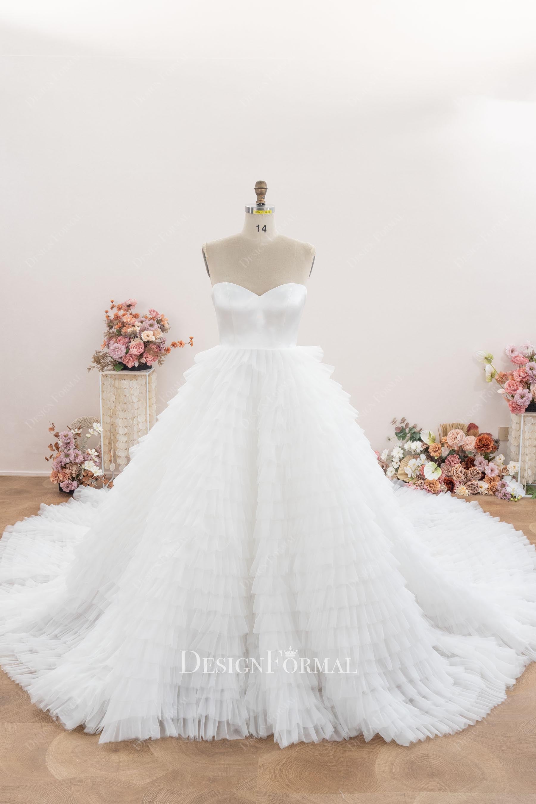 strapless tiered wedding ballgown