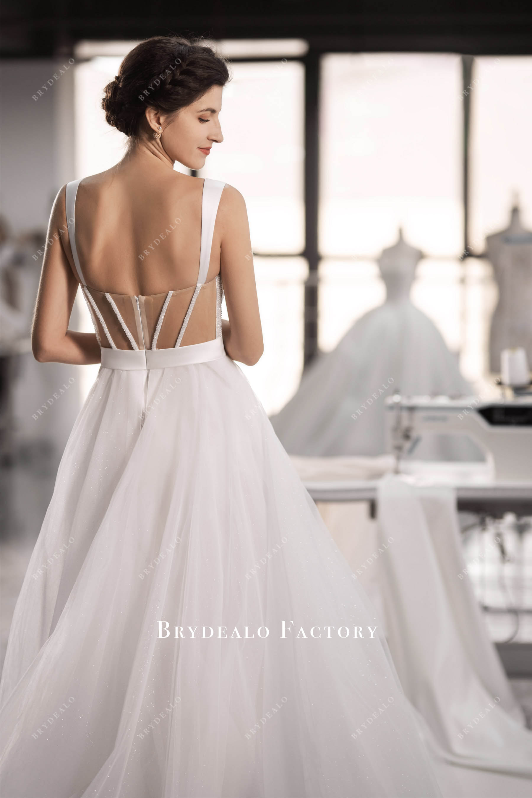 wide straps illusion back corset wedding dress