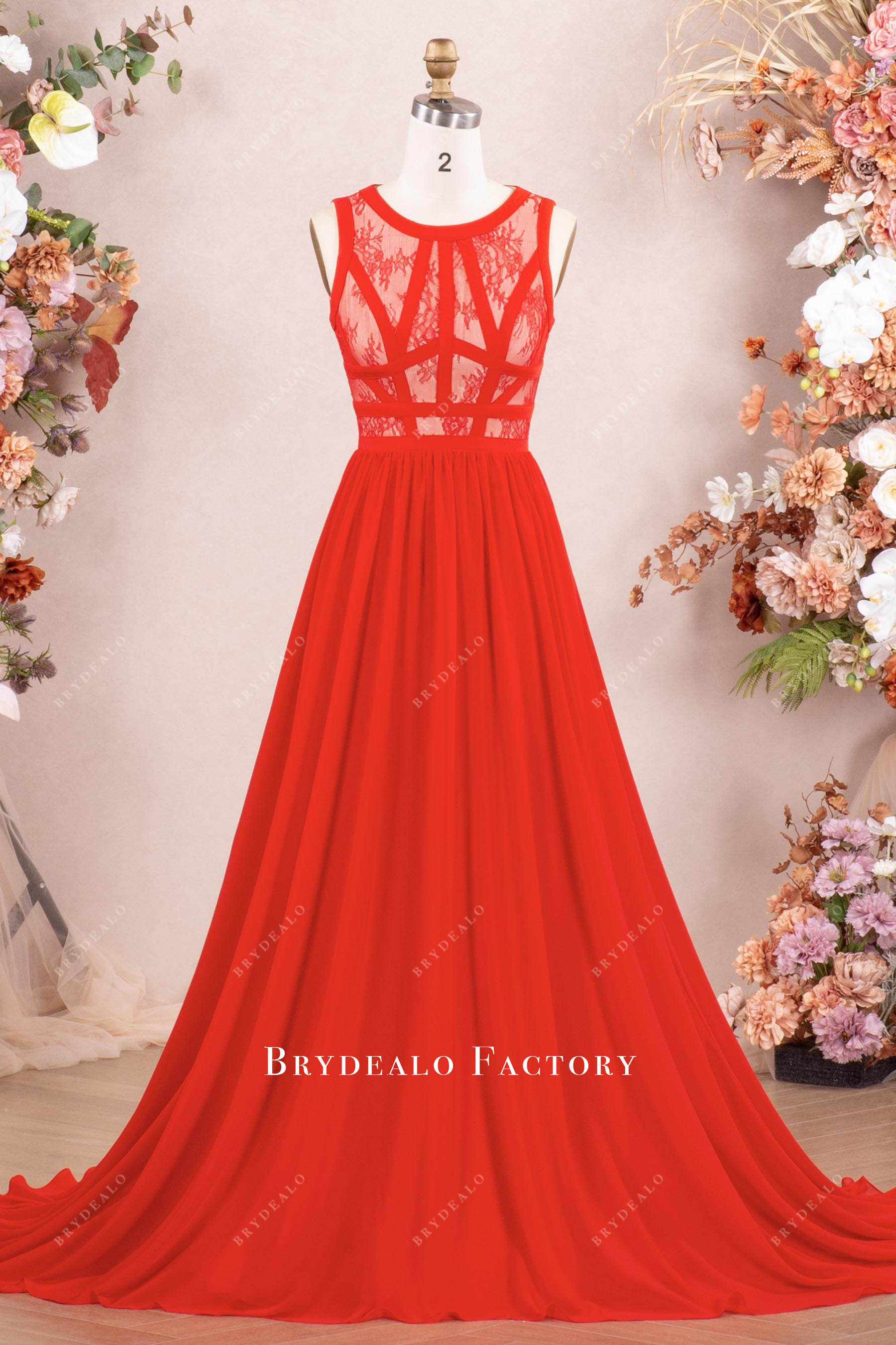 sleeveless red lace chiffon formal dress