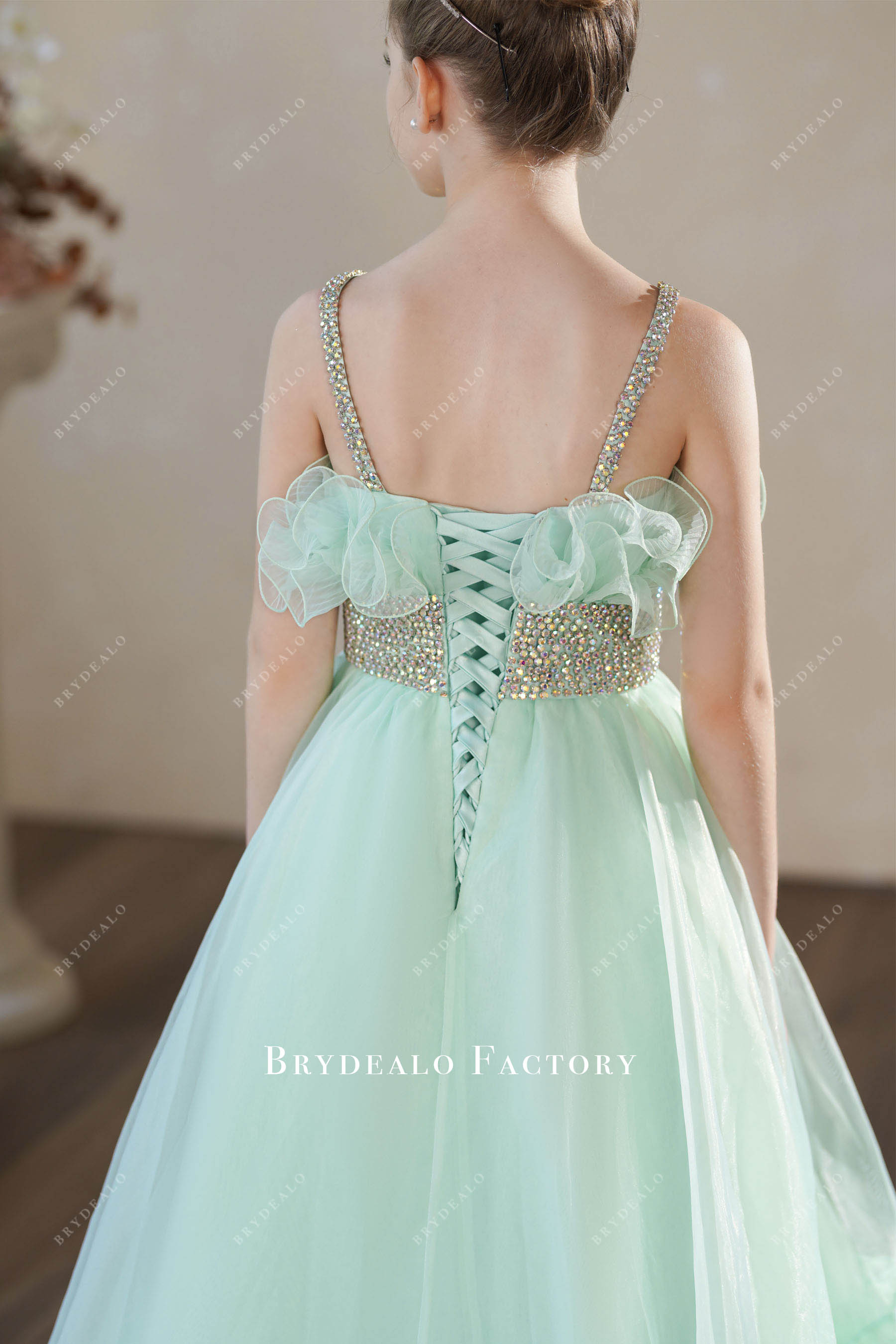 lace up back rhinestone Tiffany blue kids party dress