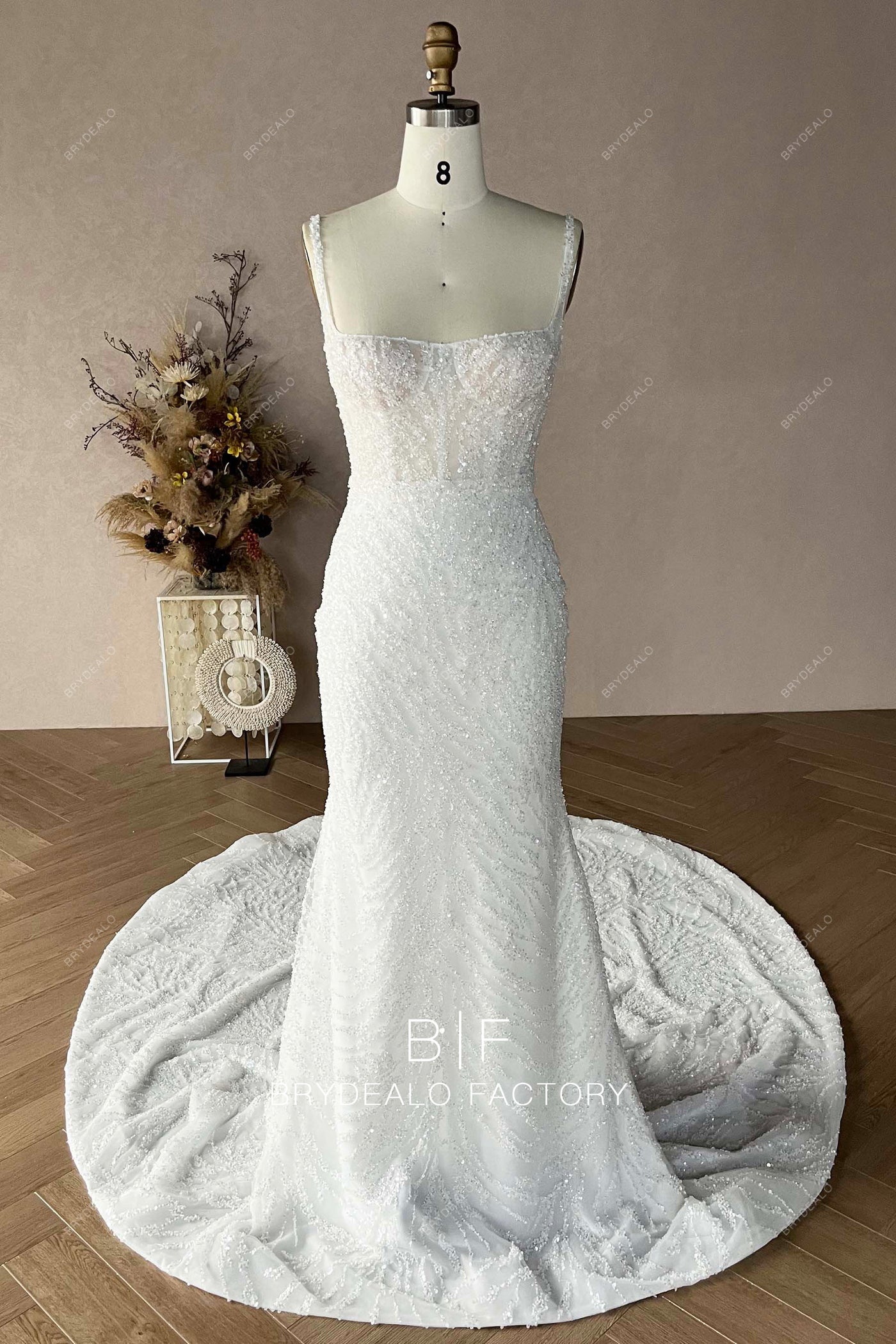 Heavy Beaded Luxury Square Neck Sleeveless Mermaid Wedding Dress