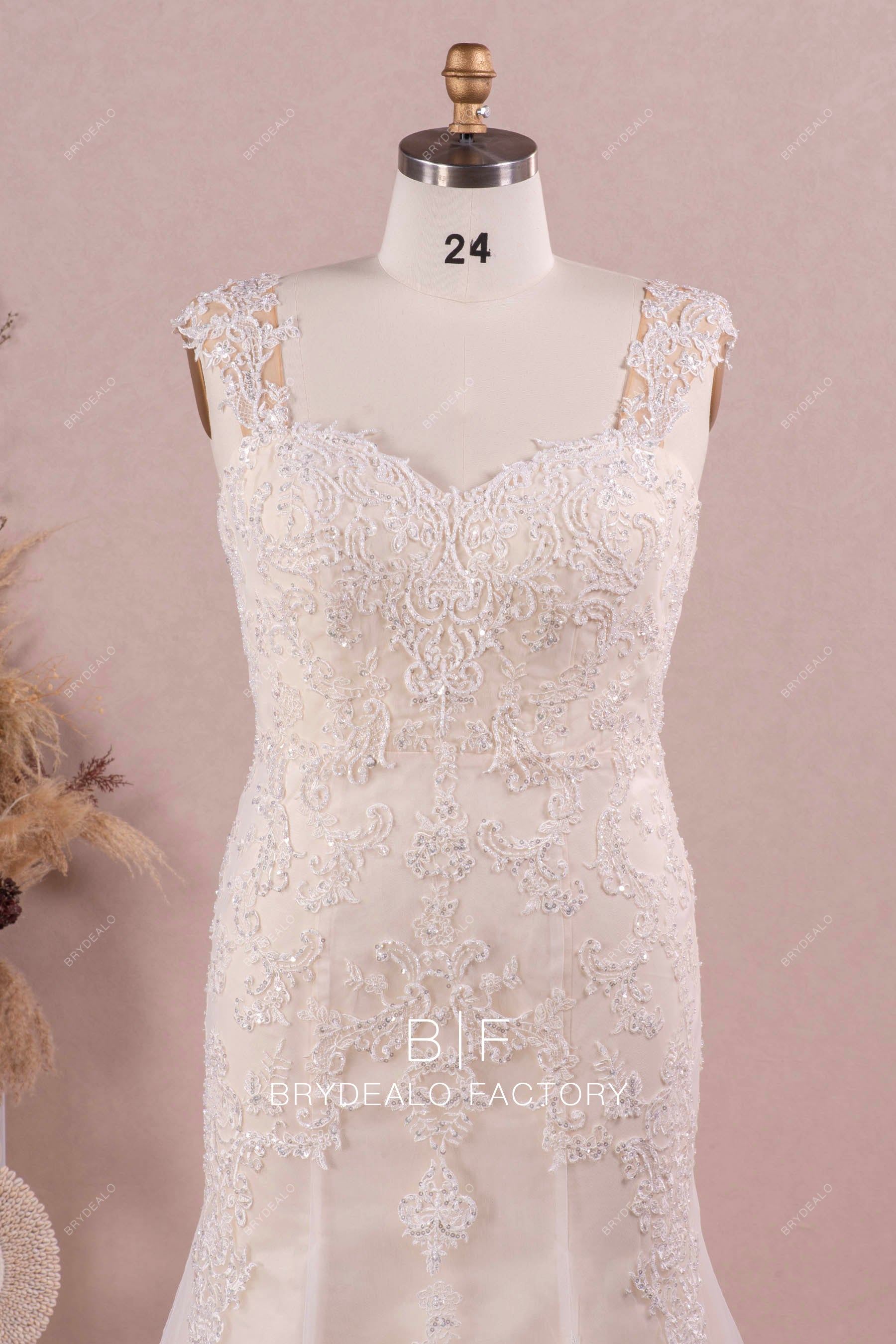 wide shoulder straps beaded lace wedding dress