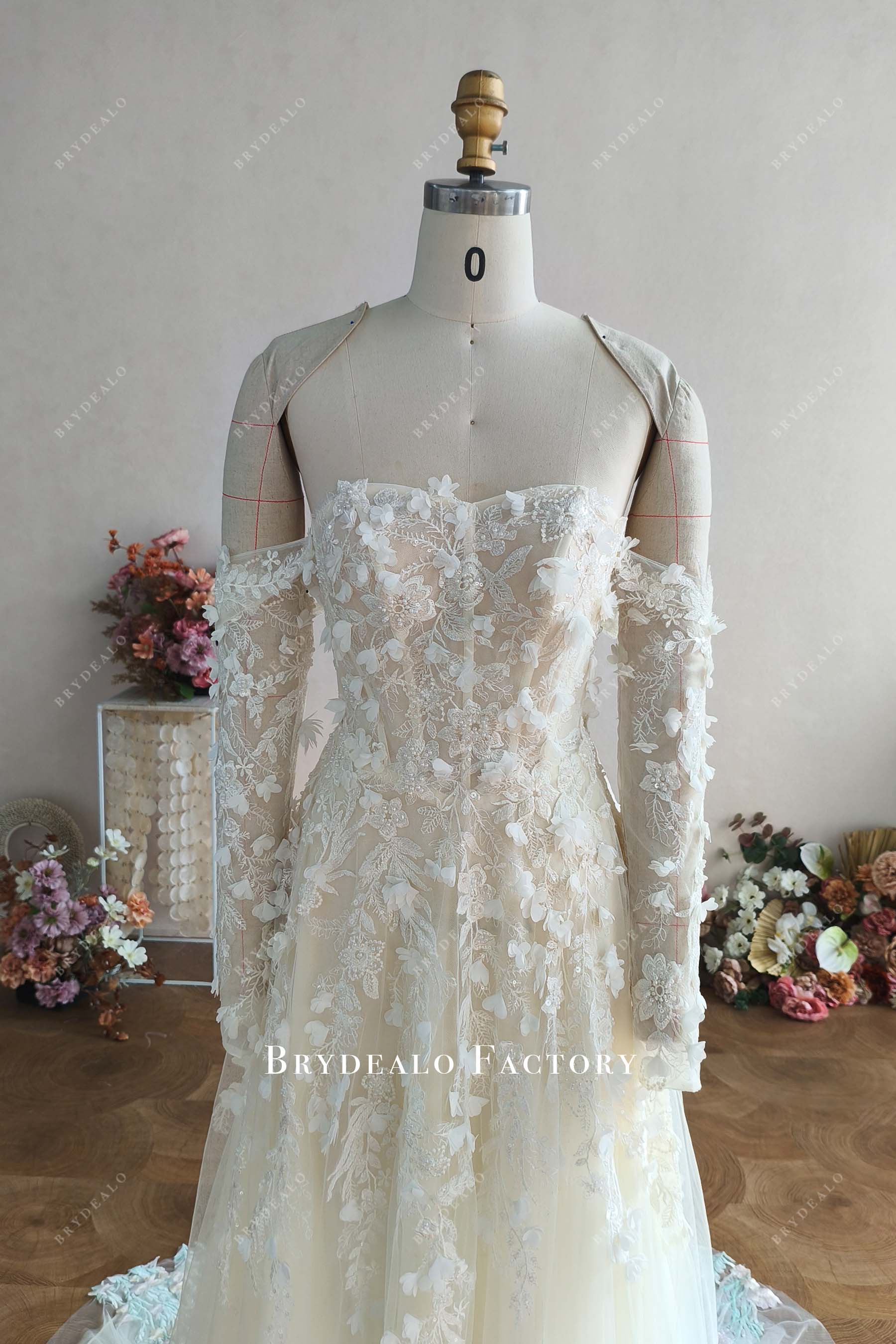 Custom Off Shoulder Wild Lace A-line Wedding Dress