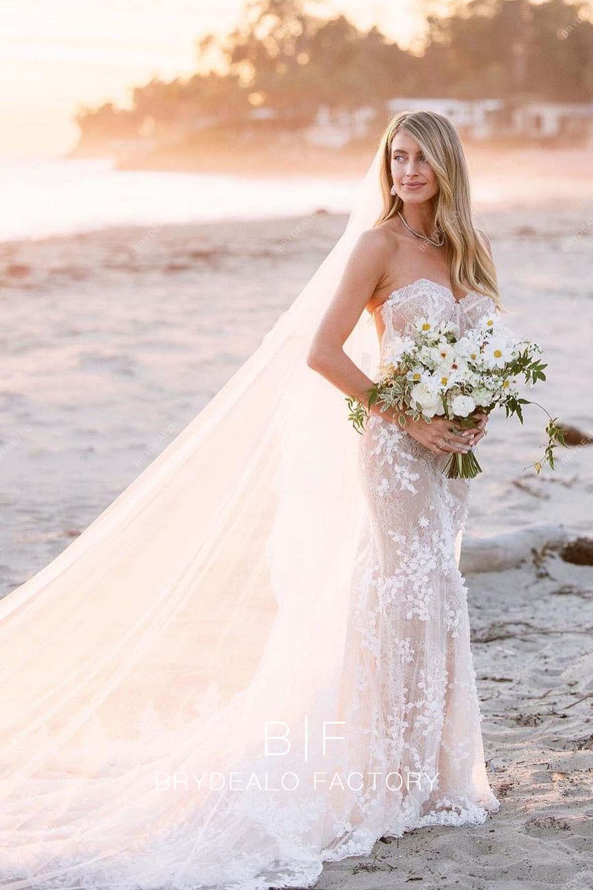 Strapless Corset Pearl Pink Mermaid Beach Wedding Dress