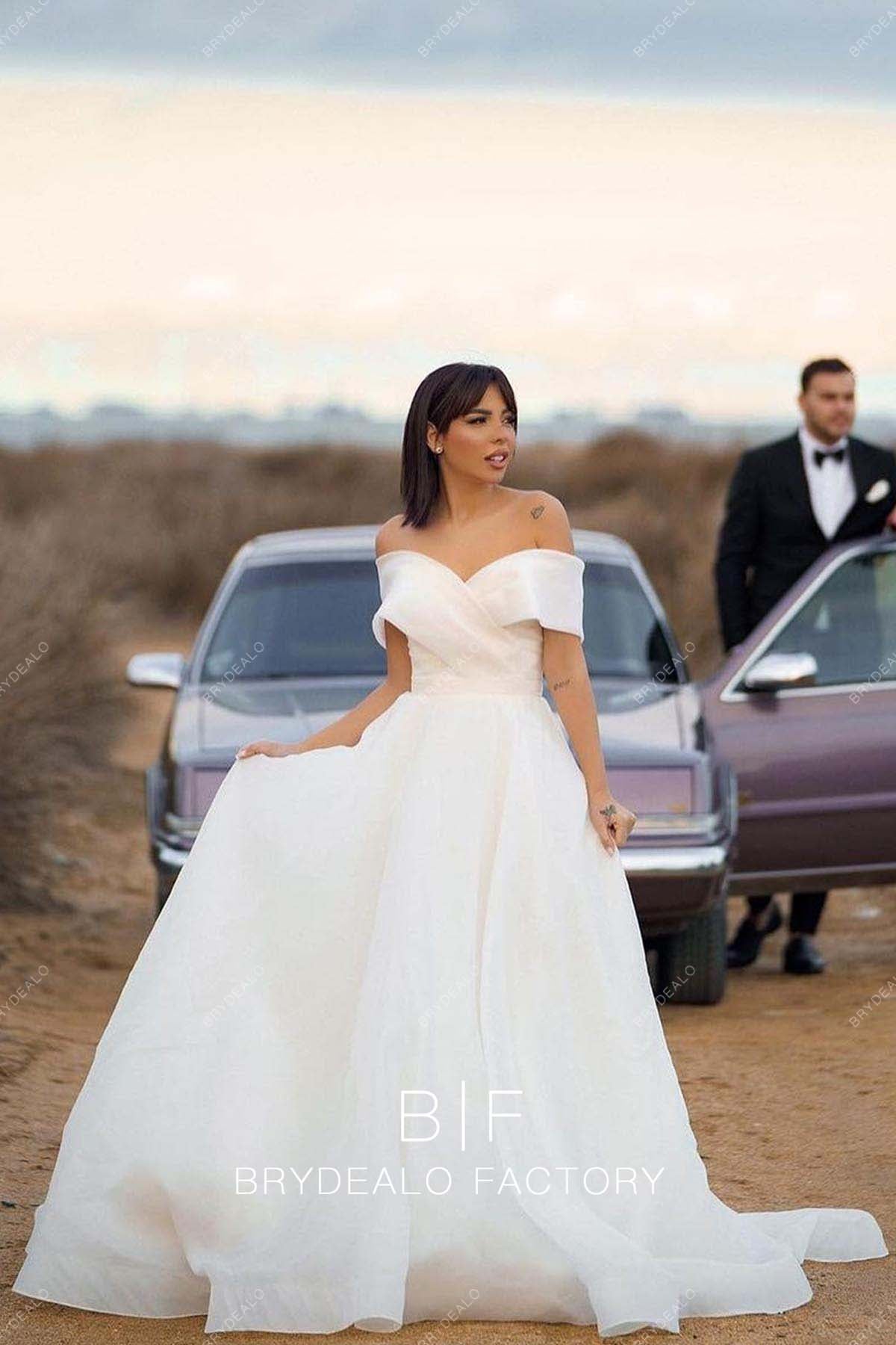 Off-shoulder Ivory Organza Country Ball Gown Wedding Dress