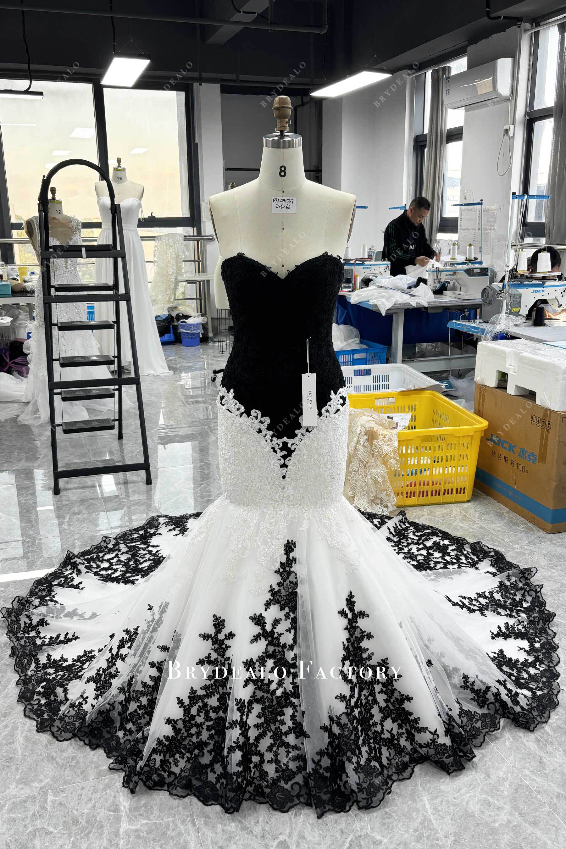sweetheart neck white black lace wedding dress