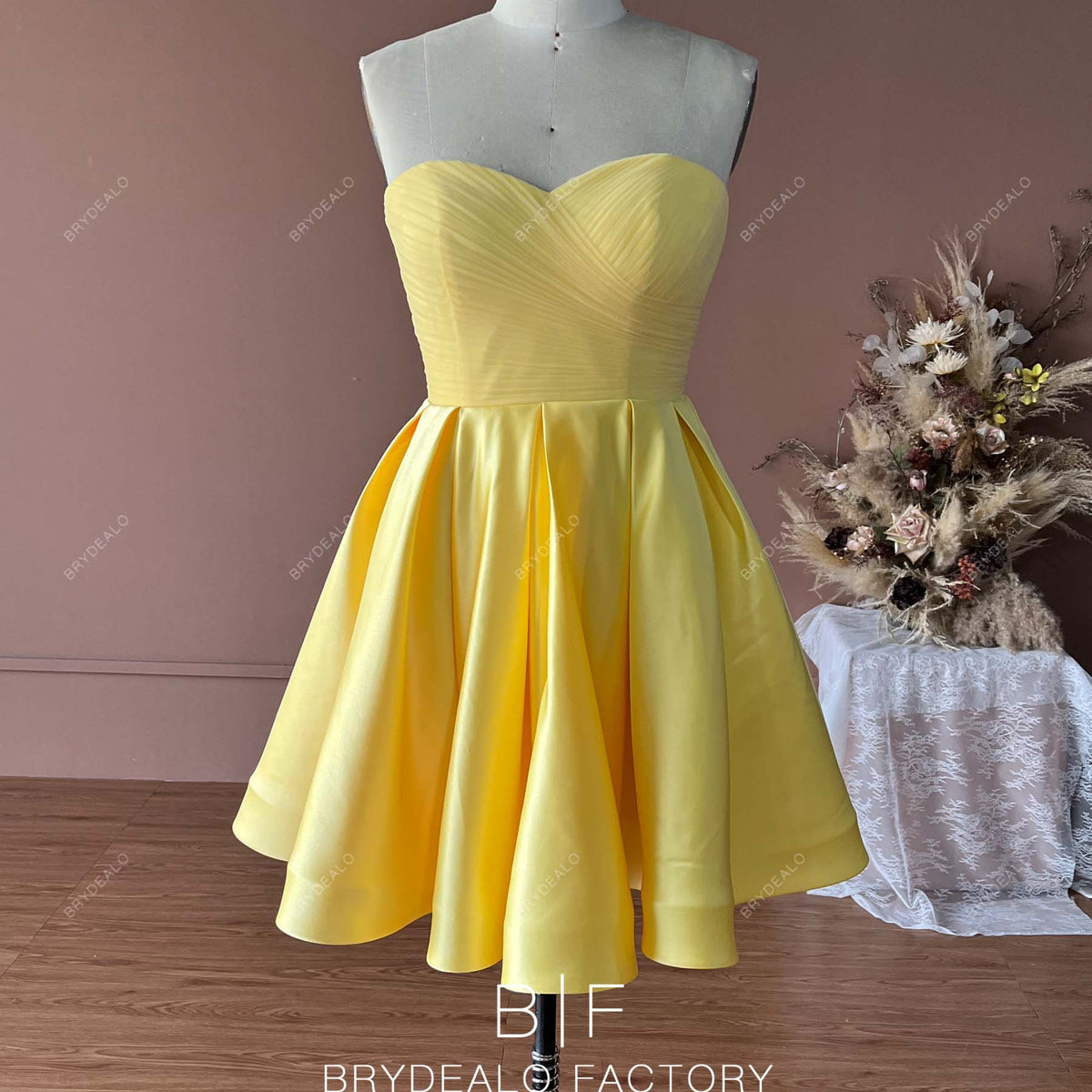 Yellow Tea Length Cocktail Dresses Yellow Satin Cute Sweetheart