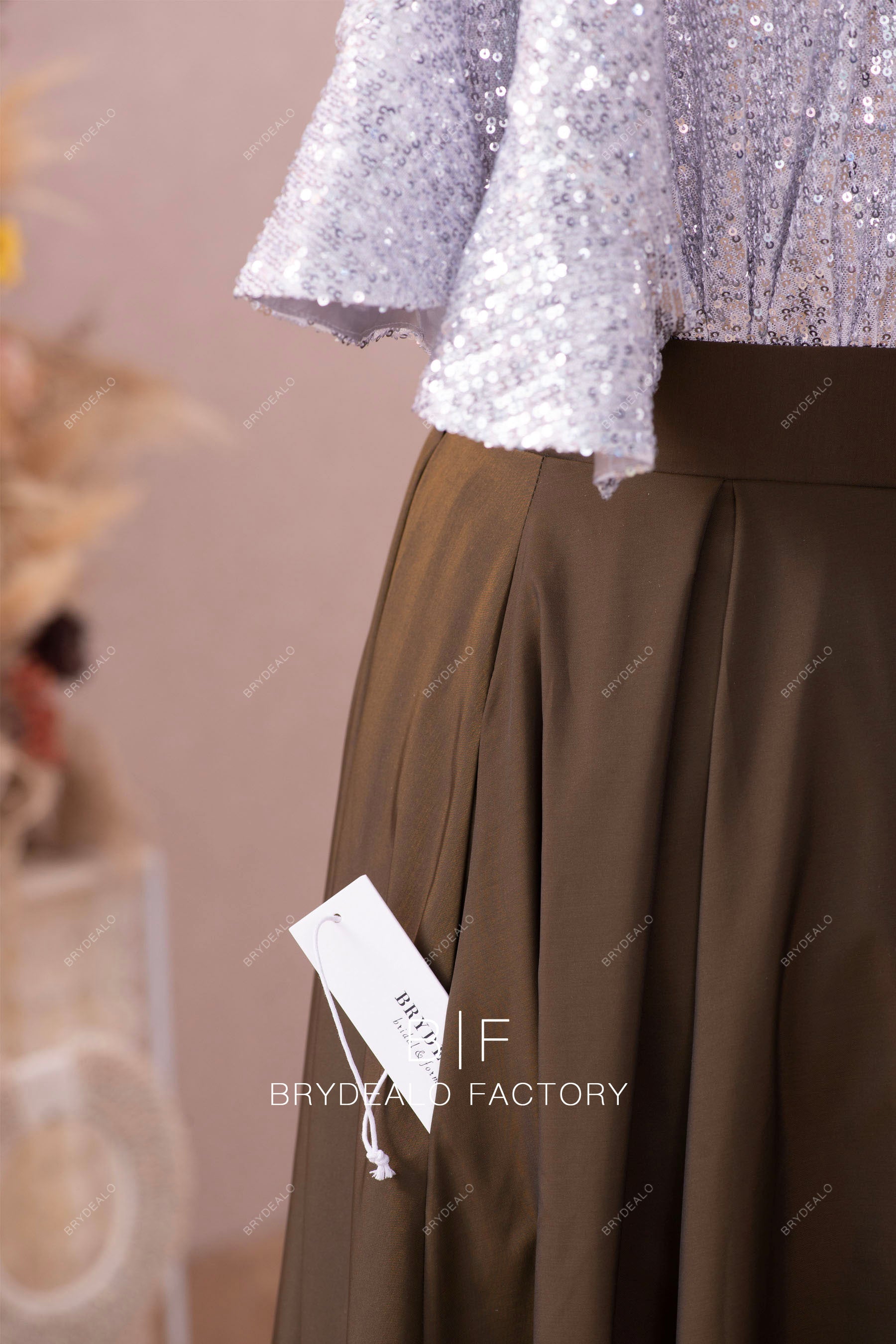 Silver Sequined Top Army Green Formal Dress